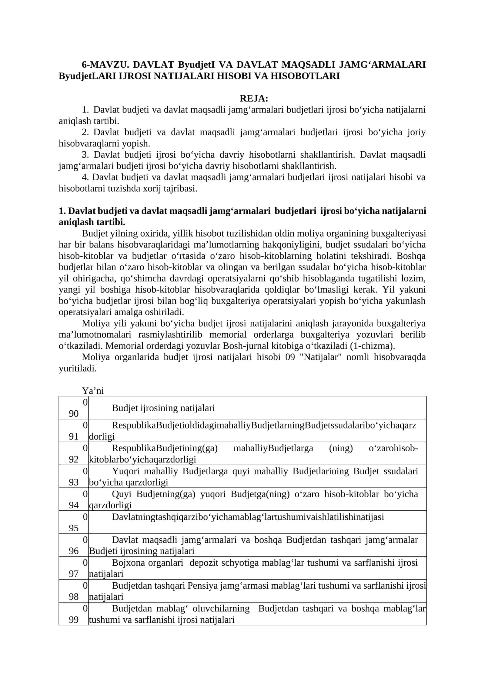 DAVLAT ByudjetI VA DAVLAT MAQSADLI JAMG‘ARMALARI ByudjetLARI IJROSI NATIJALARI HISOBI VA HISOBOTLARI