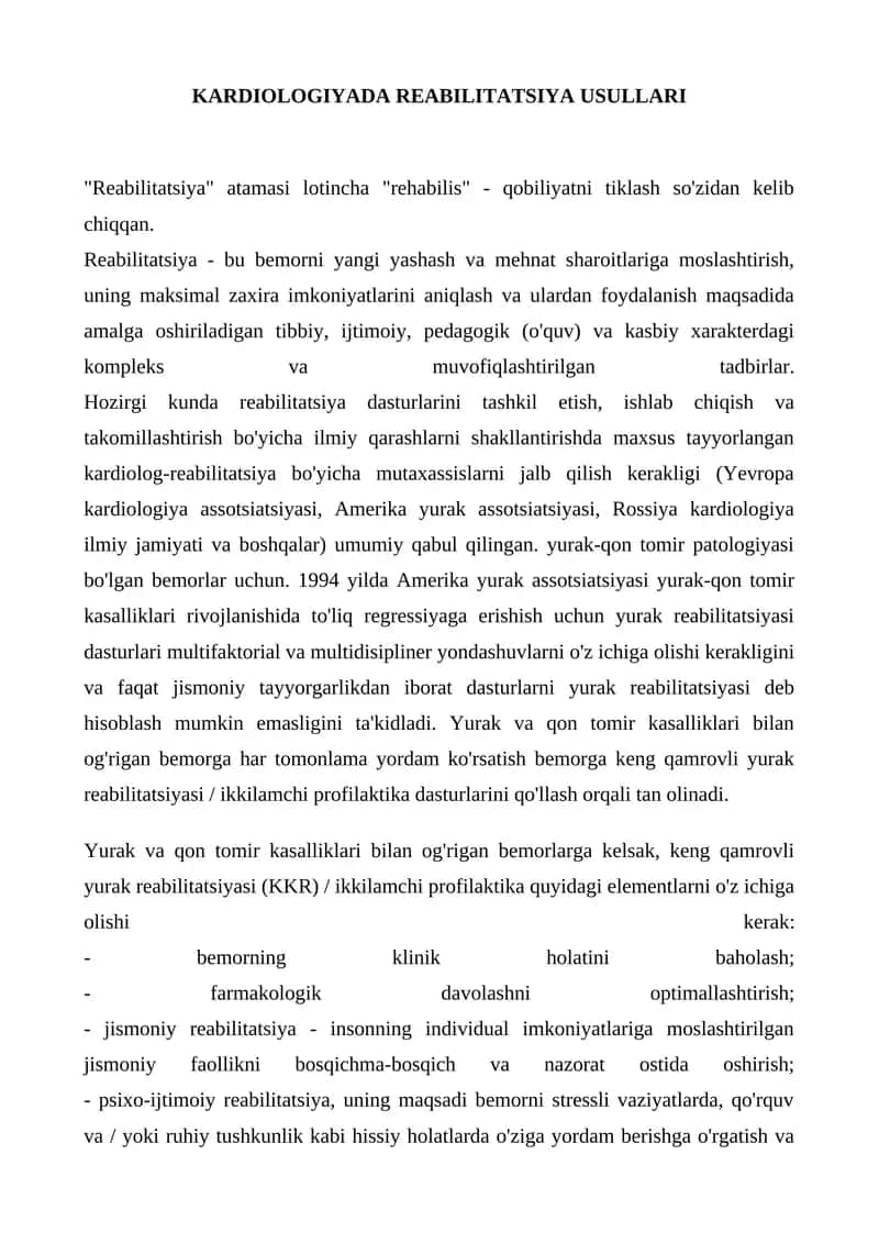 KARDIOLOGIYADA REABILITATSIYA USULLARI