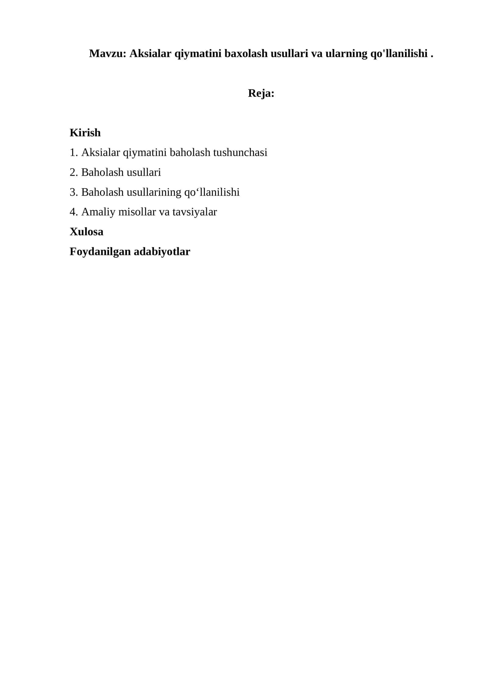 Aksialar qiymatini baxolash usullari va ularning qo'llanilishi