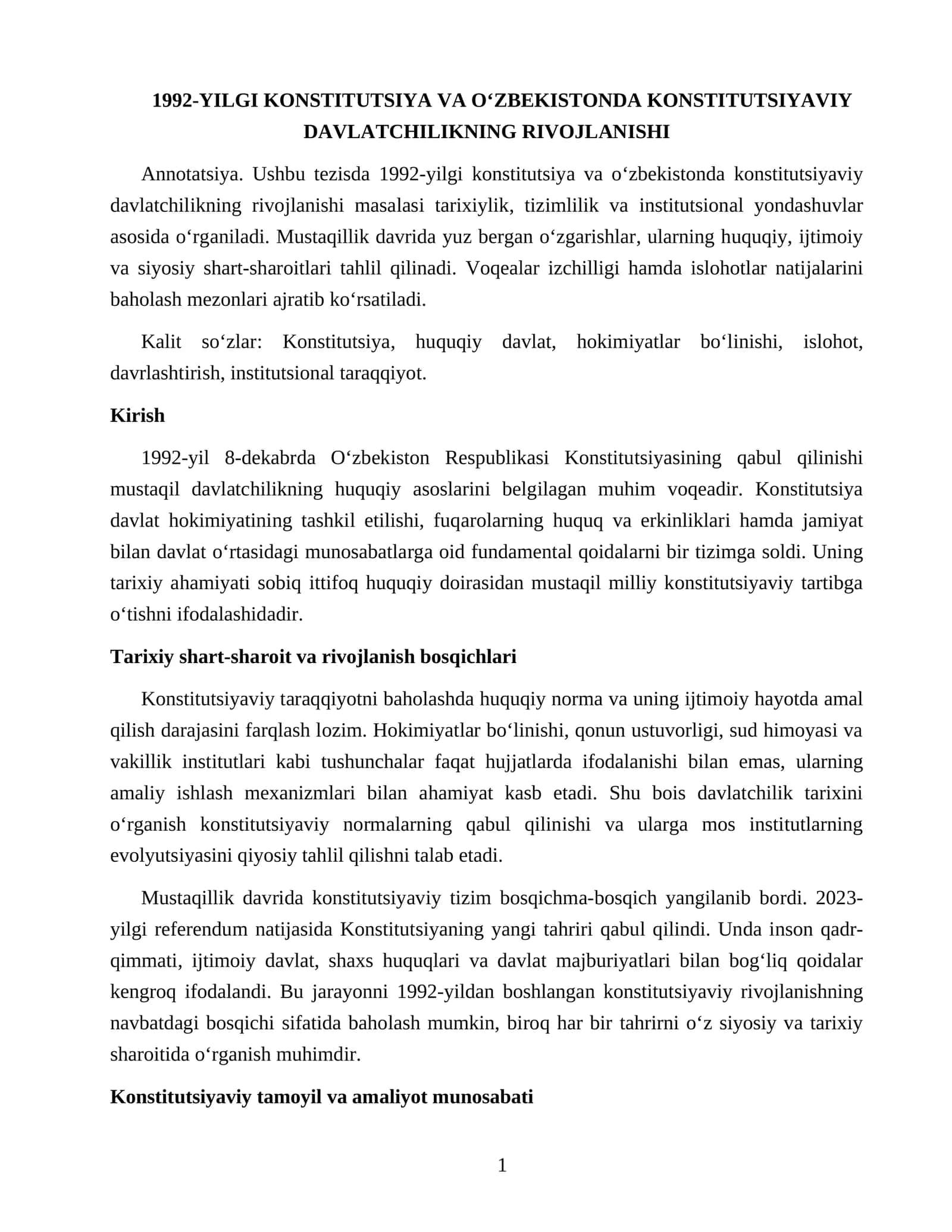 1992-YILGI KONSTITUTSIYA VA O‘ZBEKISTONDA KONSTITUTSIYAVIY DAVLATCHILIKNING RIVOJLANISHI