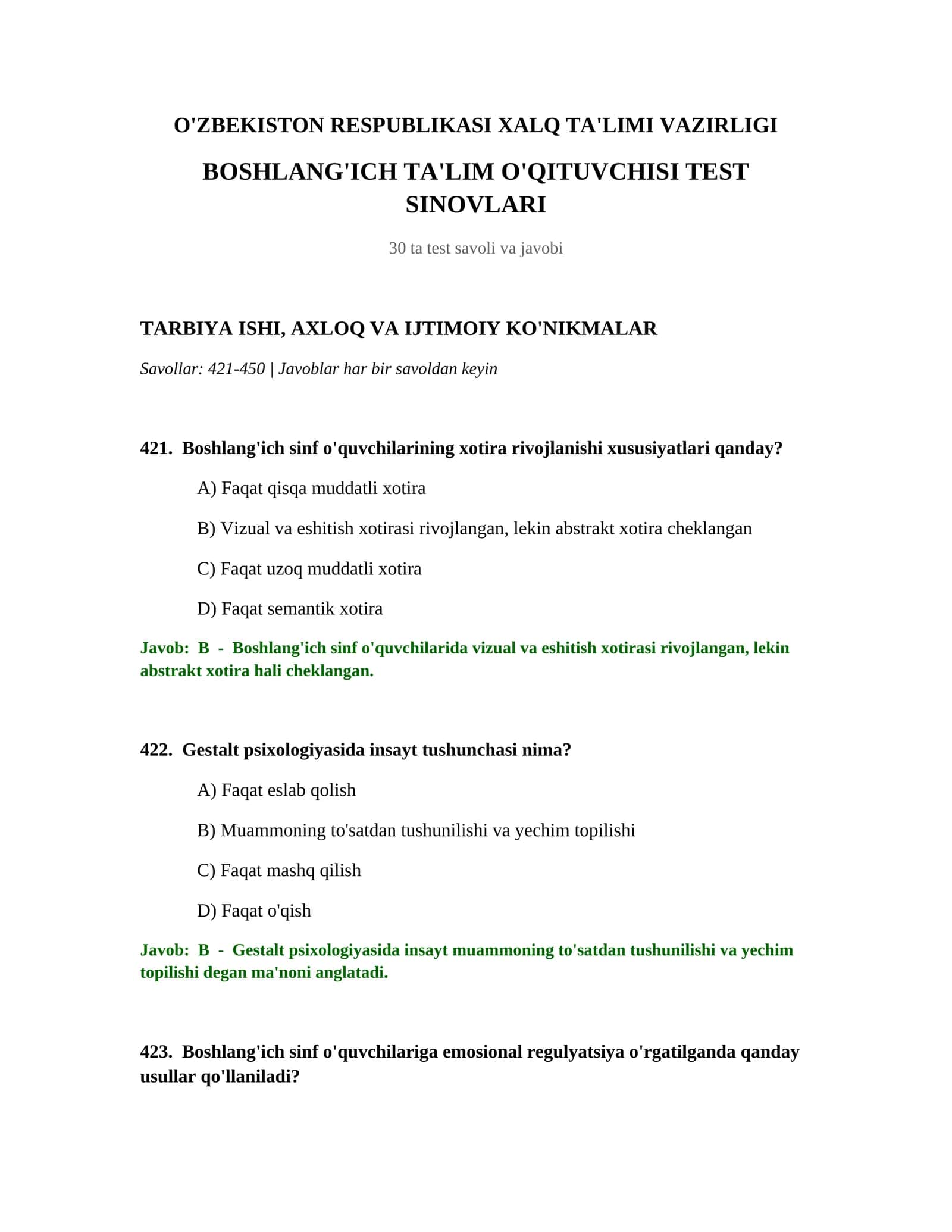 Boshiq TA'LIM O'QITUVCHISI TEST SINOVLARI