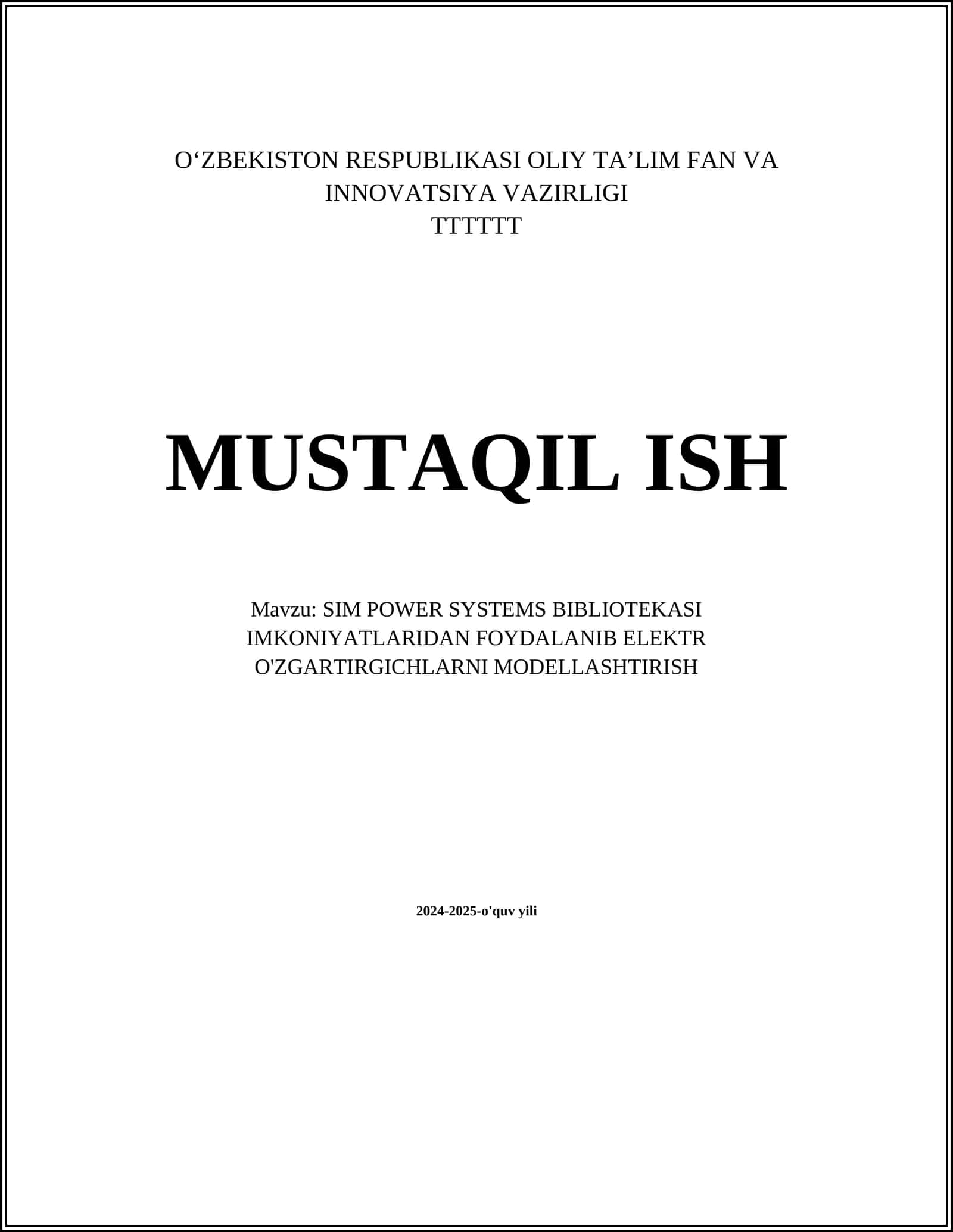 SIM POWER SYSTEMS BIBLIOTEKASI IMKONIYATLARIDAN FOYDALANIB ELEKTR O'ZGARTIRGICHLARNI MODELLASHTIRISH