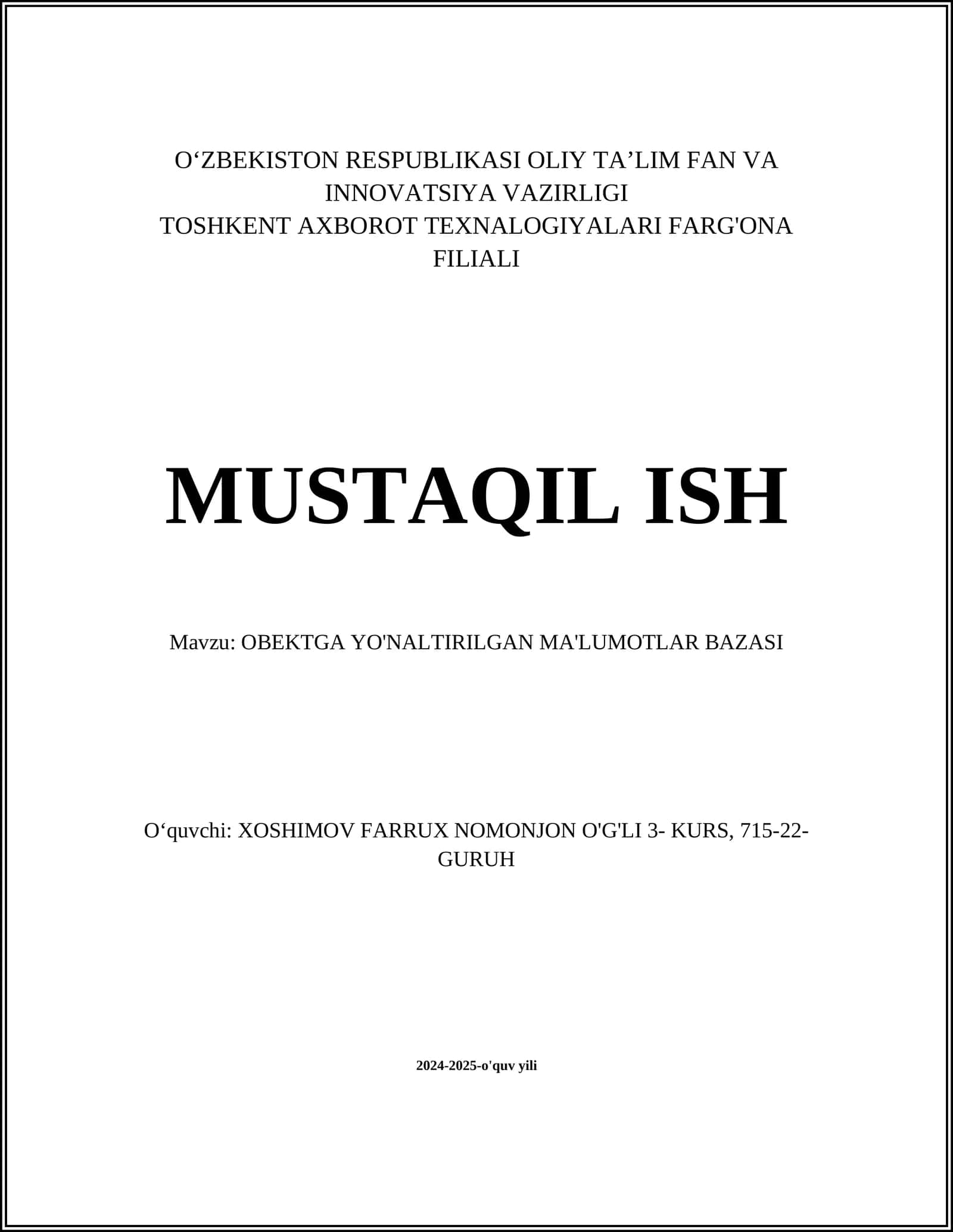 Obyektga Yo'naltilgan Dasturlash Asoslari