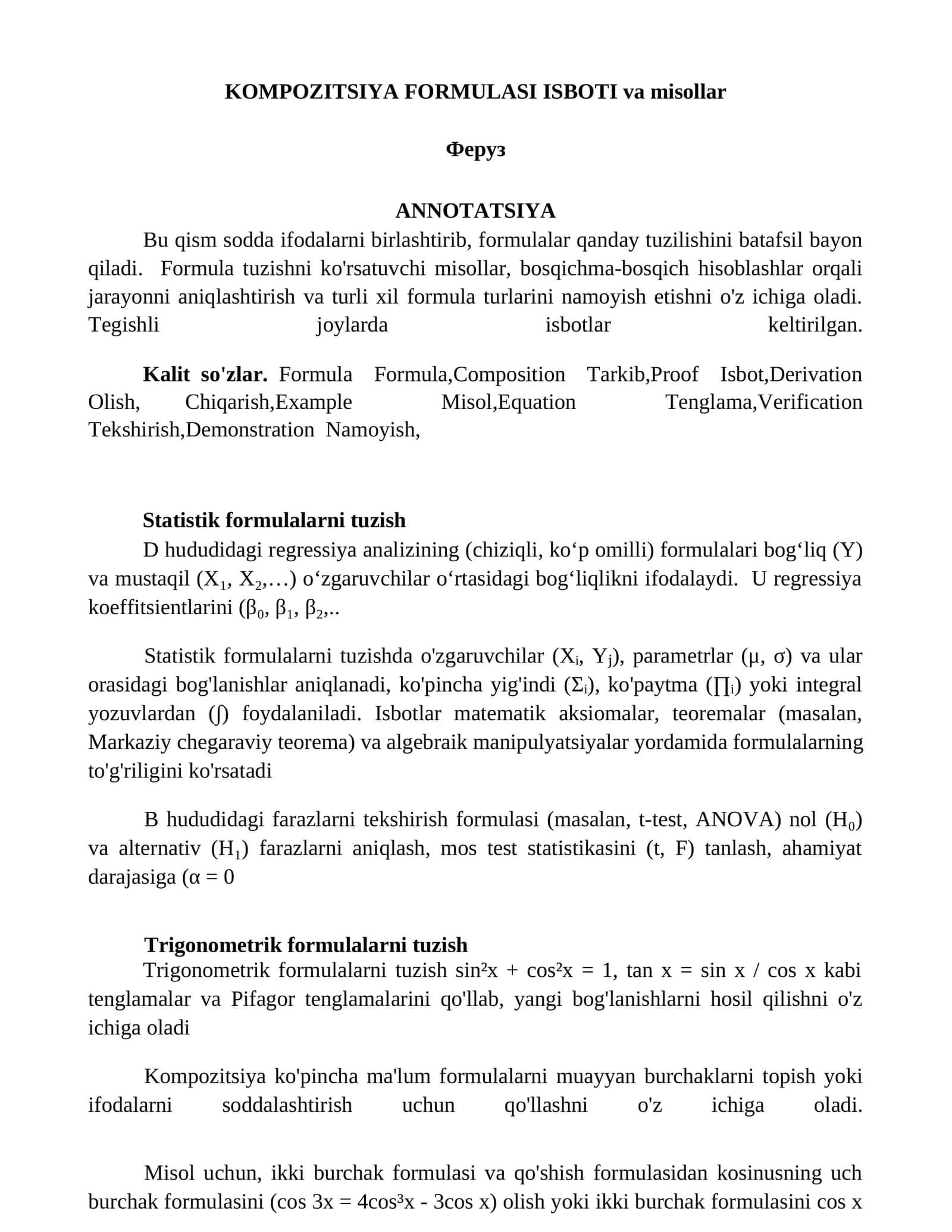 FORMULALAR TURLARI va ISBOTLAR