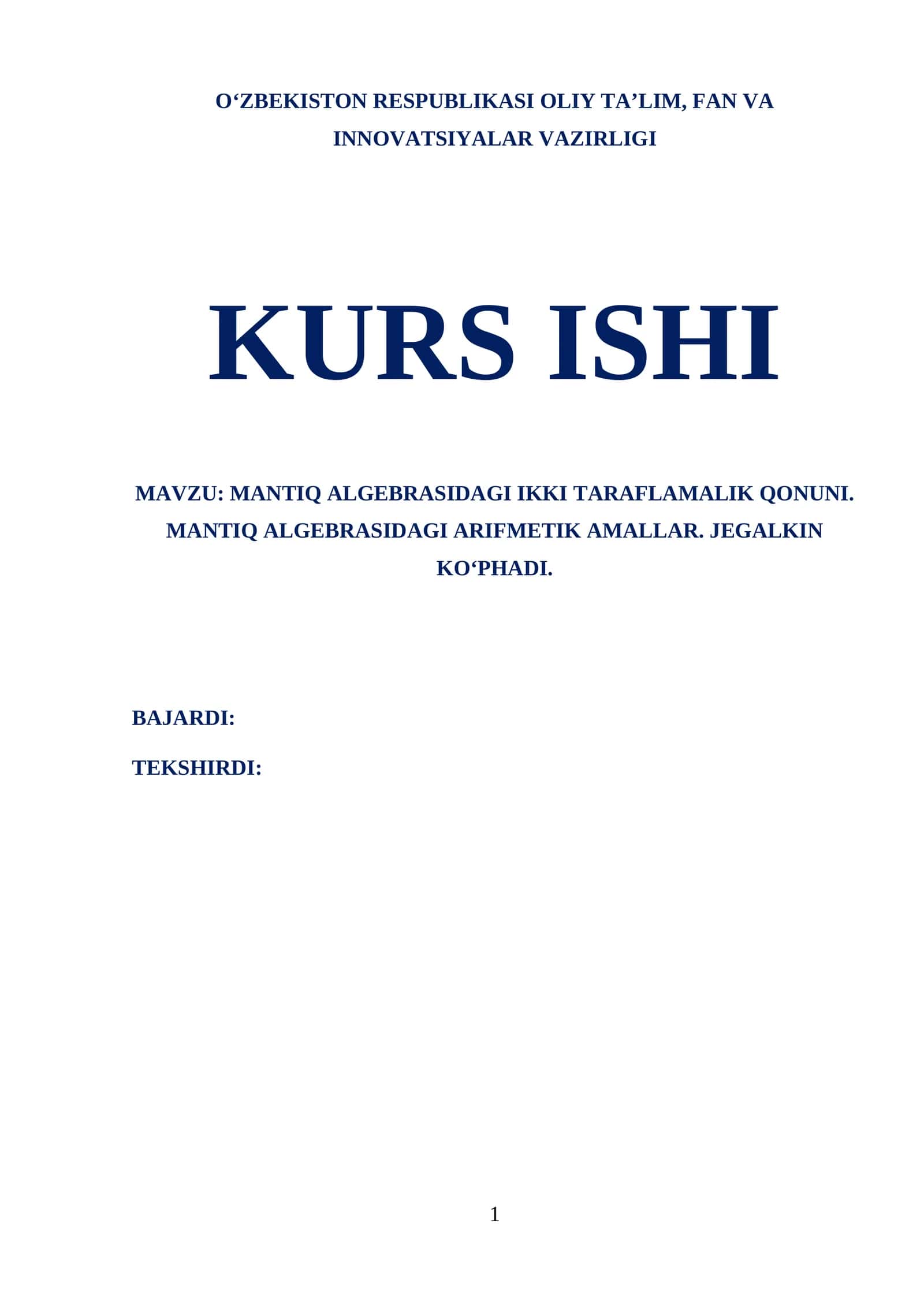 MANTIQ ALGEBRASIDAGI IKKI TARAFLAMALIK QONUNI. MANTIQ ALGEBRASIDAGI ARIFMETIK AMALLAR. JEGALKIN KO‘PHADI
