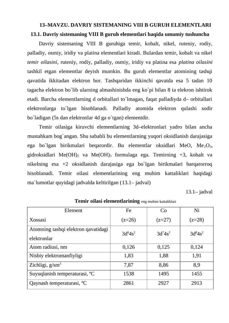 Davriy sistеmaning VIII B guruh elеmеntlari