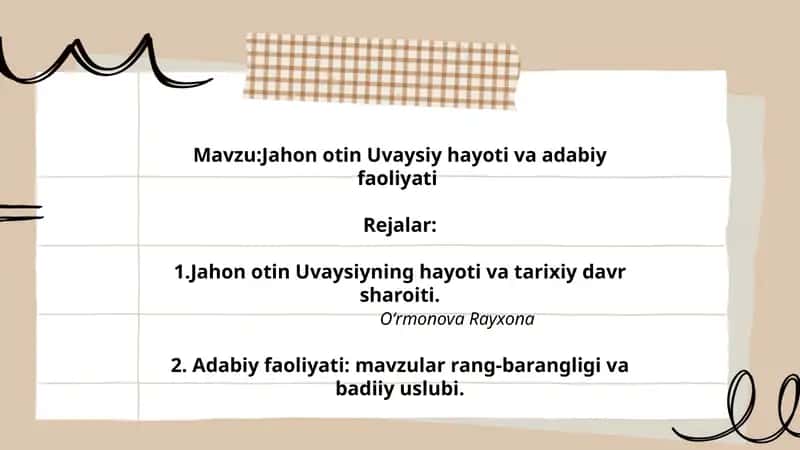 Jahon otin Uvaysiy hayoti va adabiy faoliyati