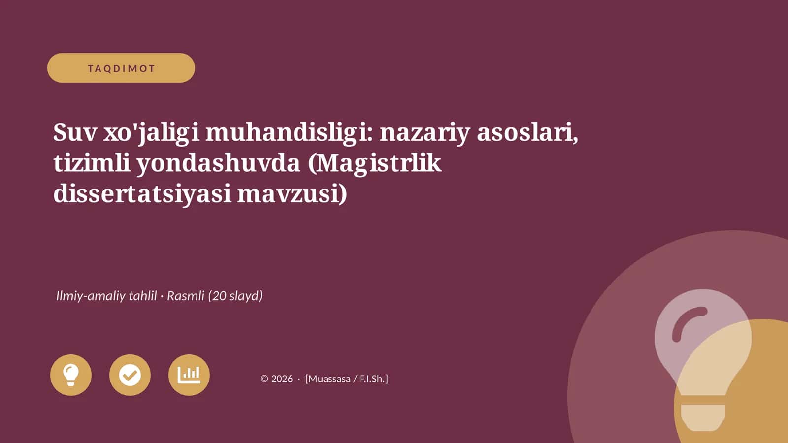 Suv xo'jaligi muhandisligi: nazariy asoslari, tizimli yondashuvda (Magistrlik dissertatsiyasi mavzusi)