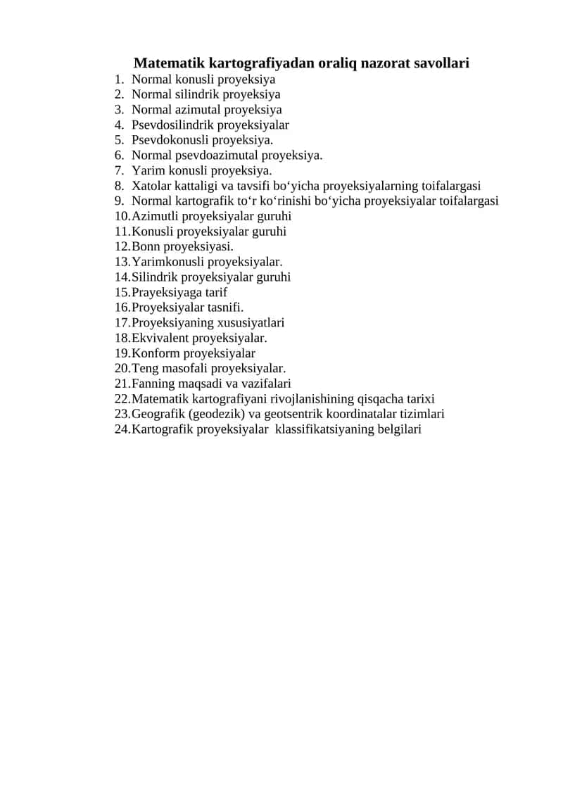 Matematik kartografiyadan oraliq nazorat savollari