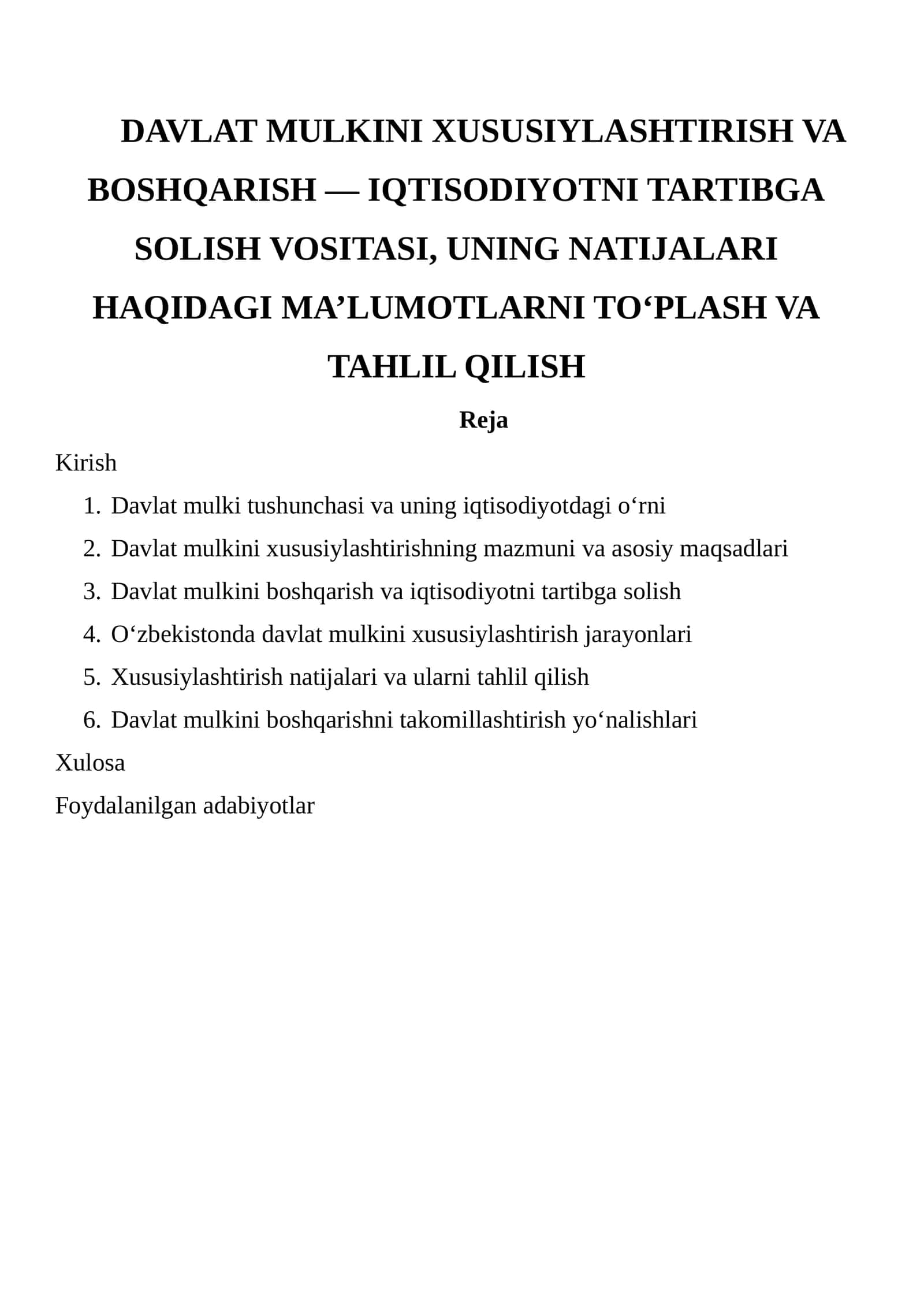Davlat Mulkini Xususiylashtirish va Boshqarish