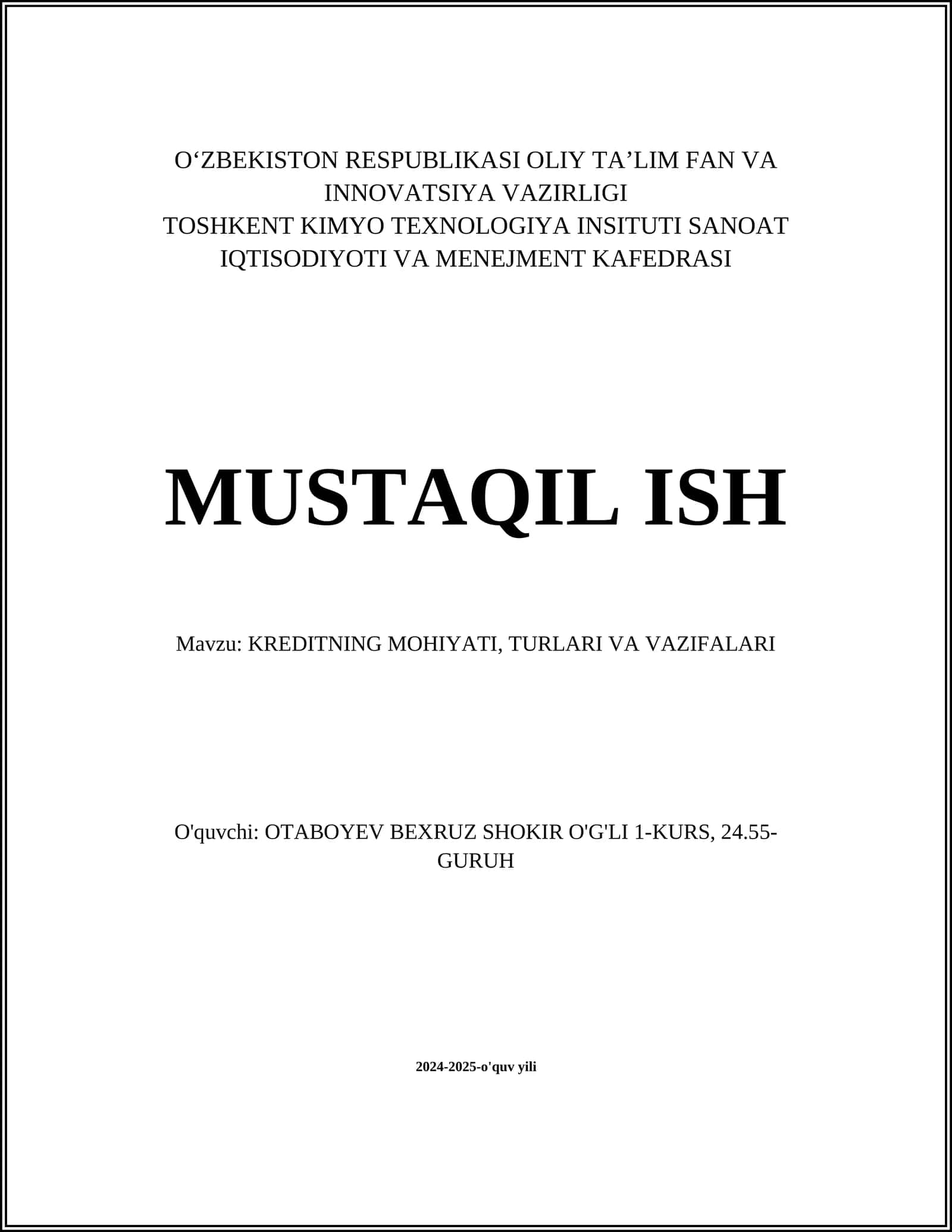KREDITNING MOHIYATI, TURLARI VA VAZIFALARI