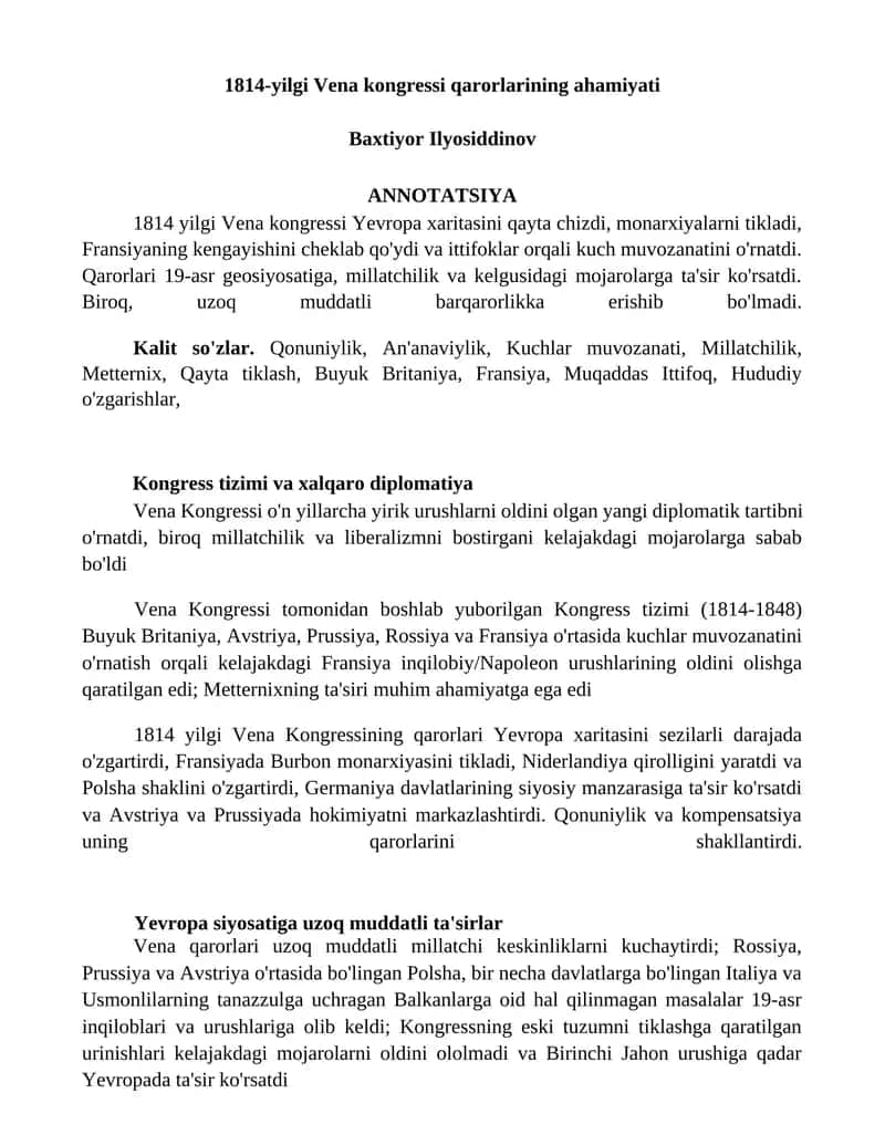 1814-yilgi Vena kongressi qarorlarining ahamiyati