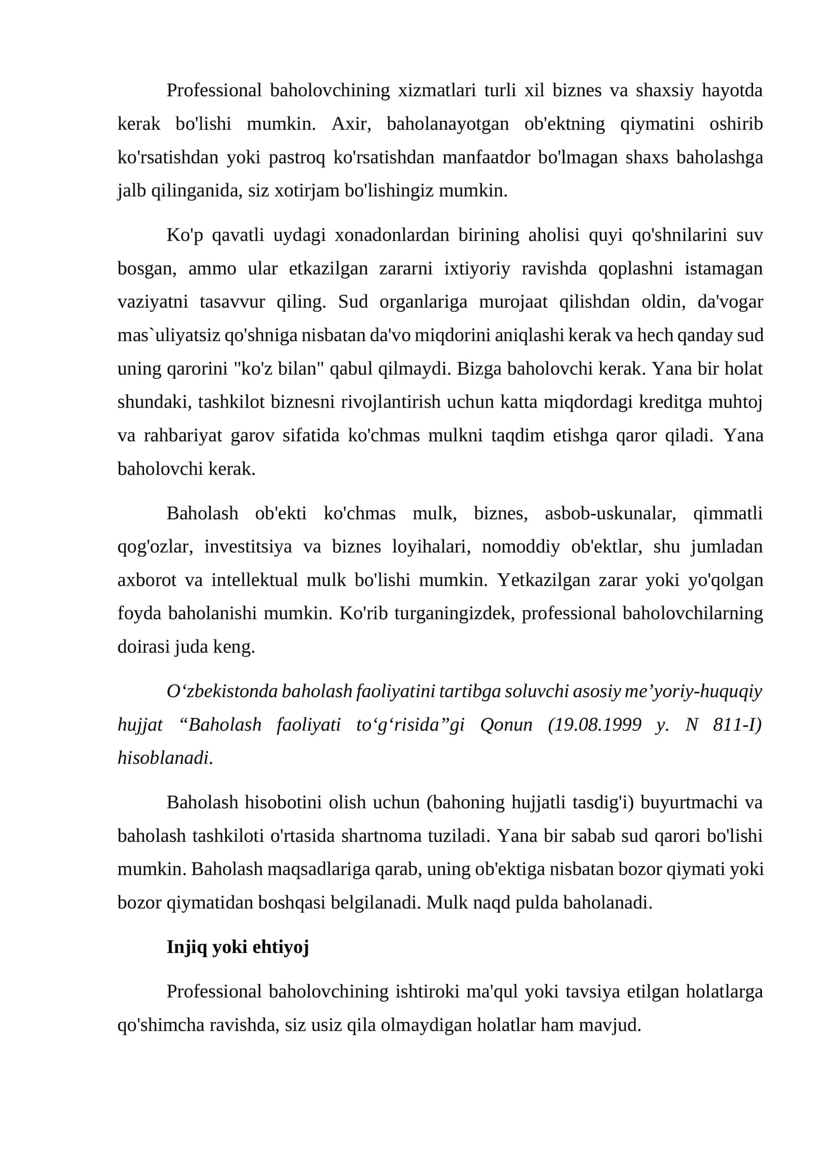 Professional baholovchining xizmatlari