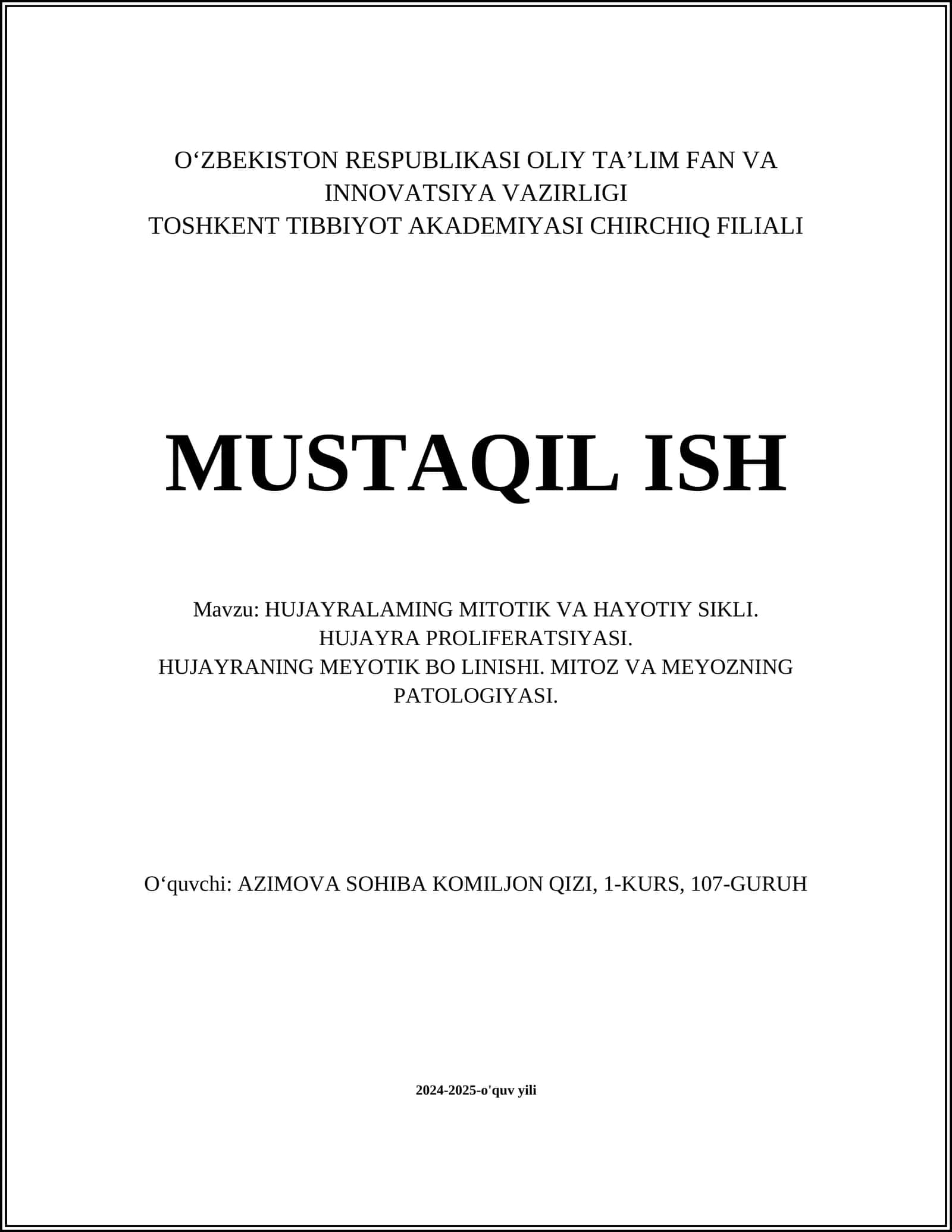 HUJAYRALAMING MITOTIK VA HAYOTIY SIKLI. HUJAYRA PROLIFERATSIYASI