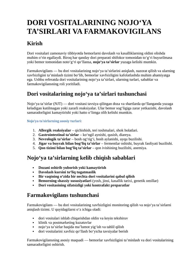 DORI VOSITALARINING NOJO‘YA TA’SIRLARI VA FARMAKOVIGILANS