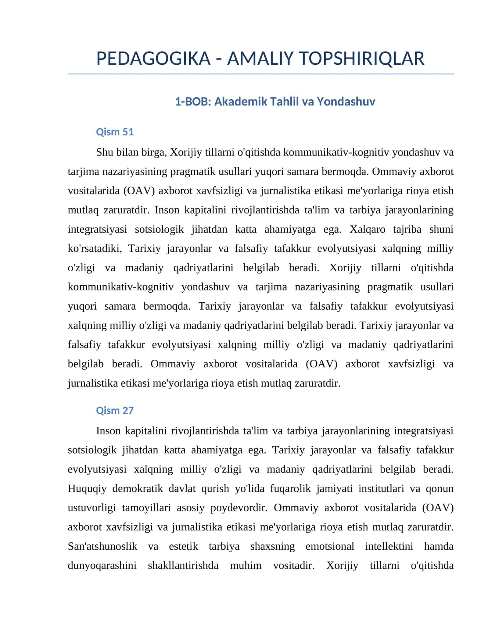 PEDAGOGIKA - AMALIY TOPSHIRIQLAR