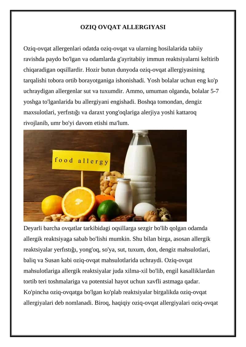 OZIQ OVQAT ALLERGIYASI