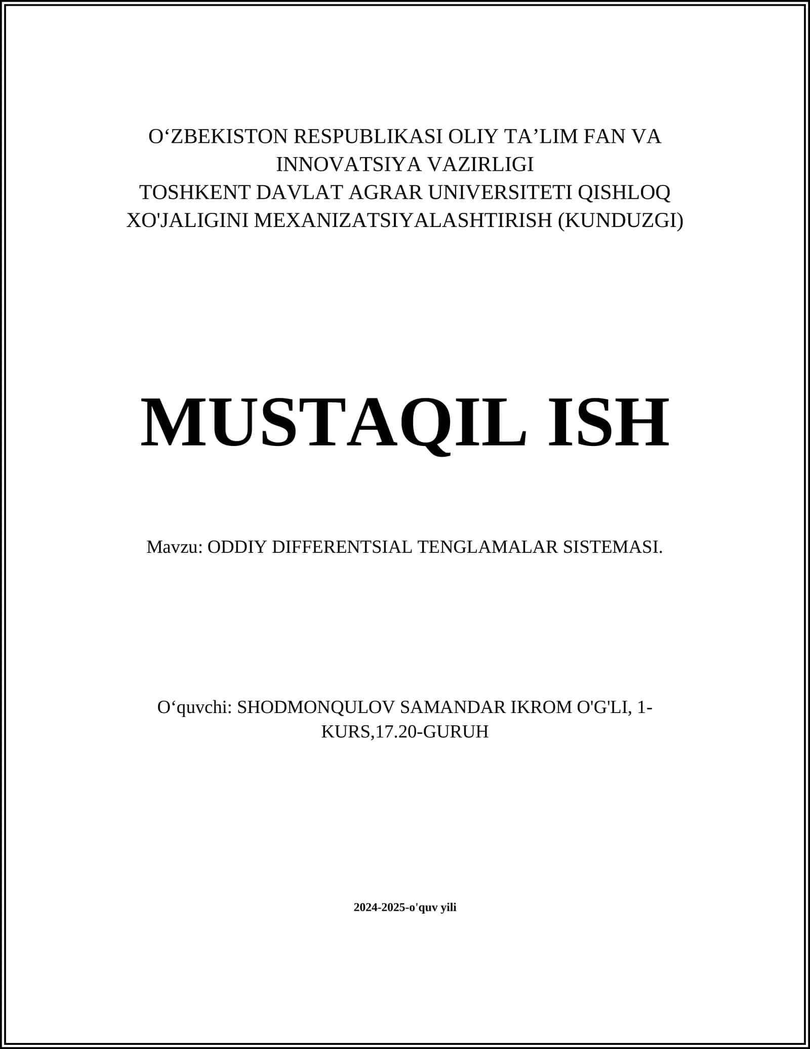 ODDIY DIFFERENTSIAL TENGLAMALAR SISTEMASI