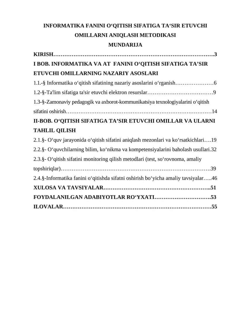 INFORMATIKA FANINI O‘QITISH SIFATIGA TAʻSIR ETUVCHI OMILLARNI ANIQLASH METODIKASI