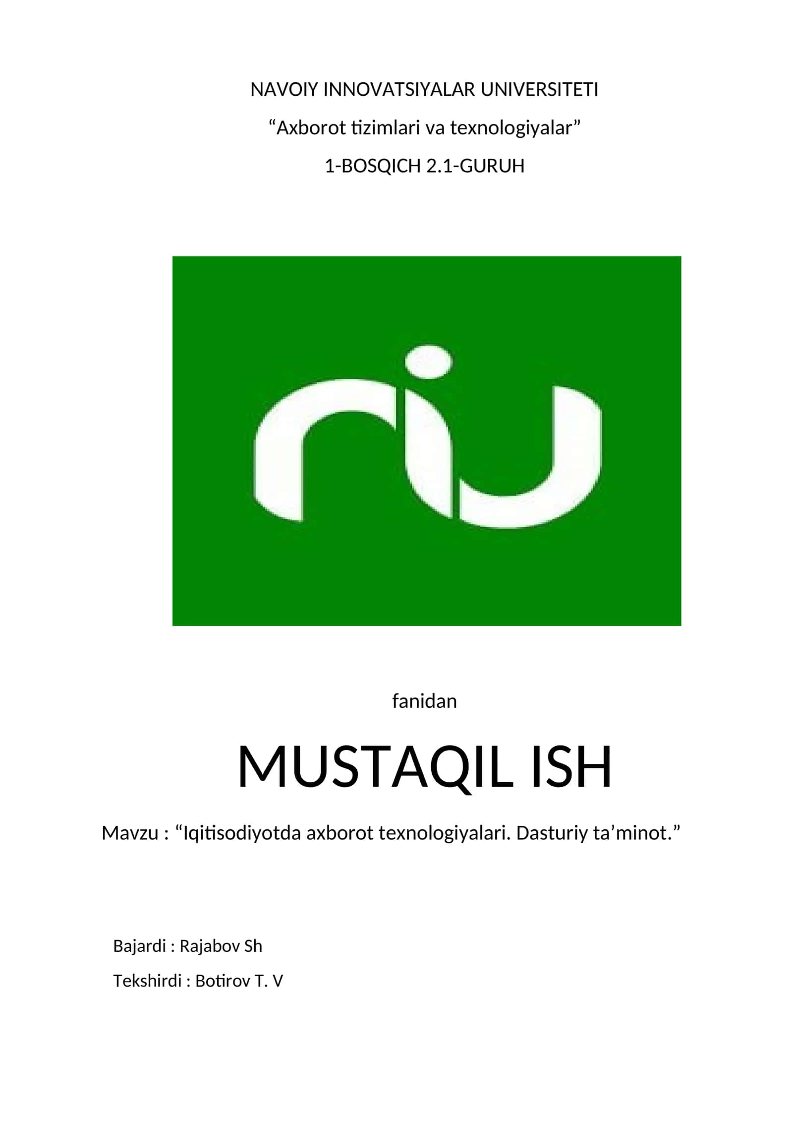 "Iqitisodiyotda axborot texnologiyalari. Dasturiy ta’minot."