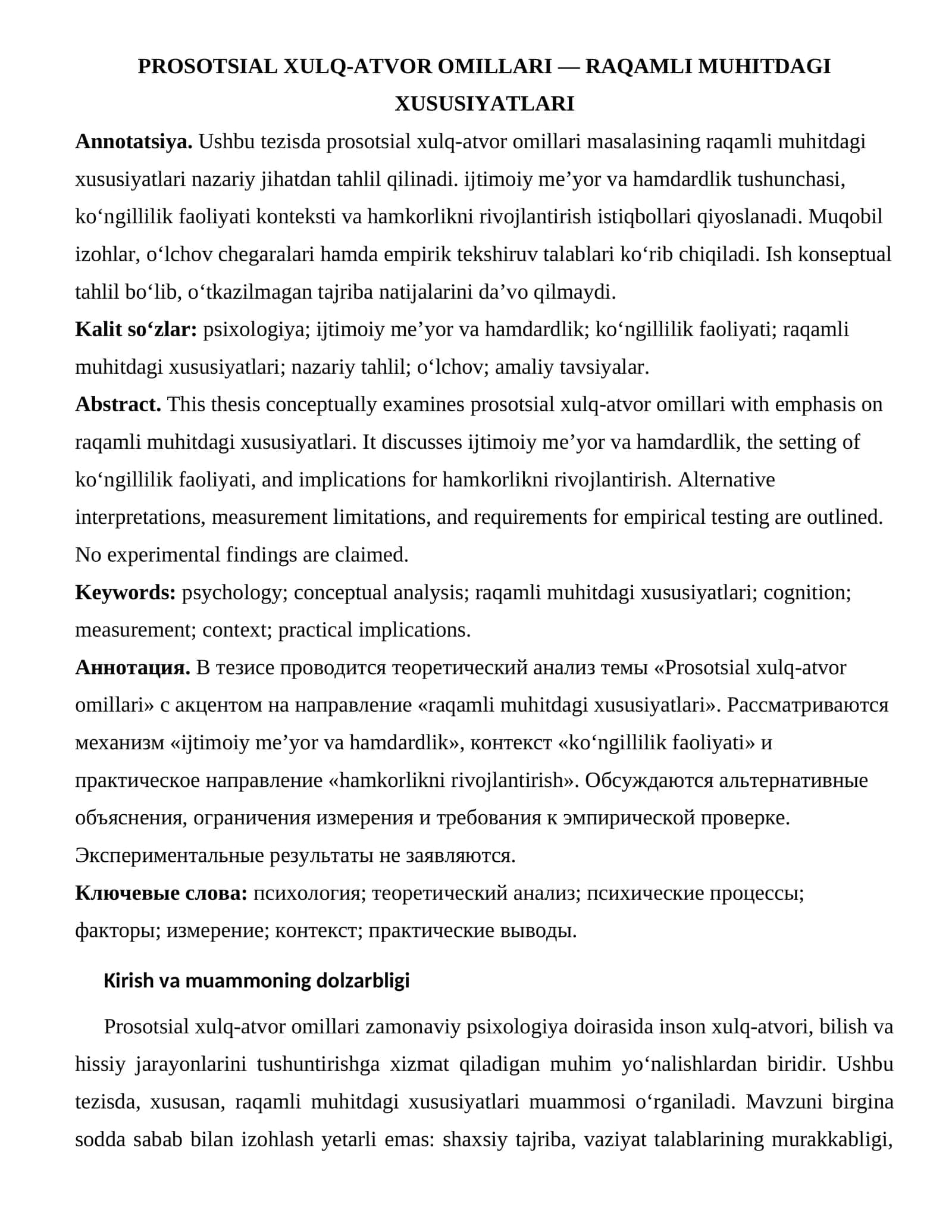 PROSOTSIAL XULQ-ATVOR OMILLARI — RAQAMLI MUHITDAGI XUSUSIYATLARI