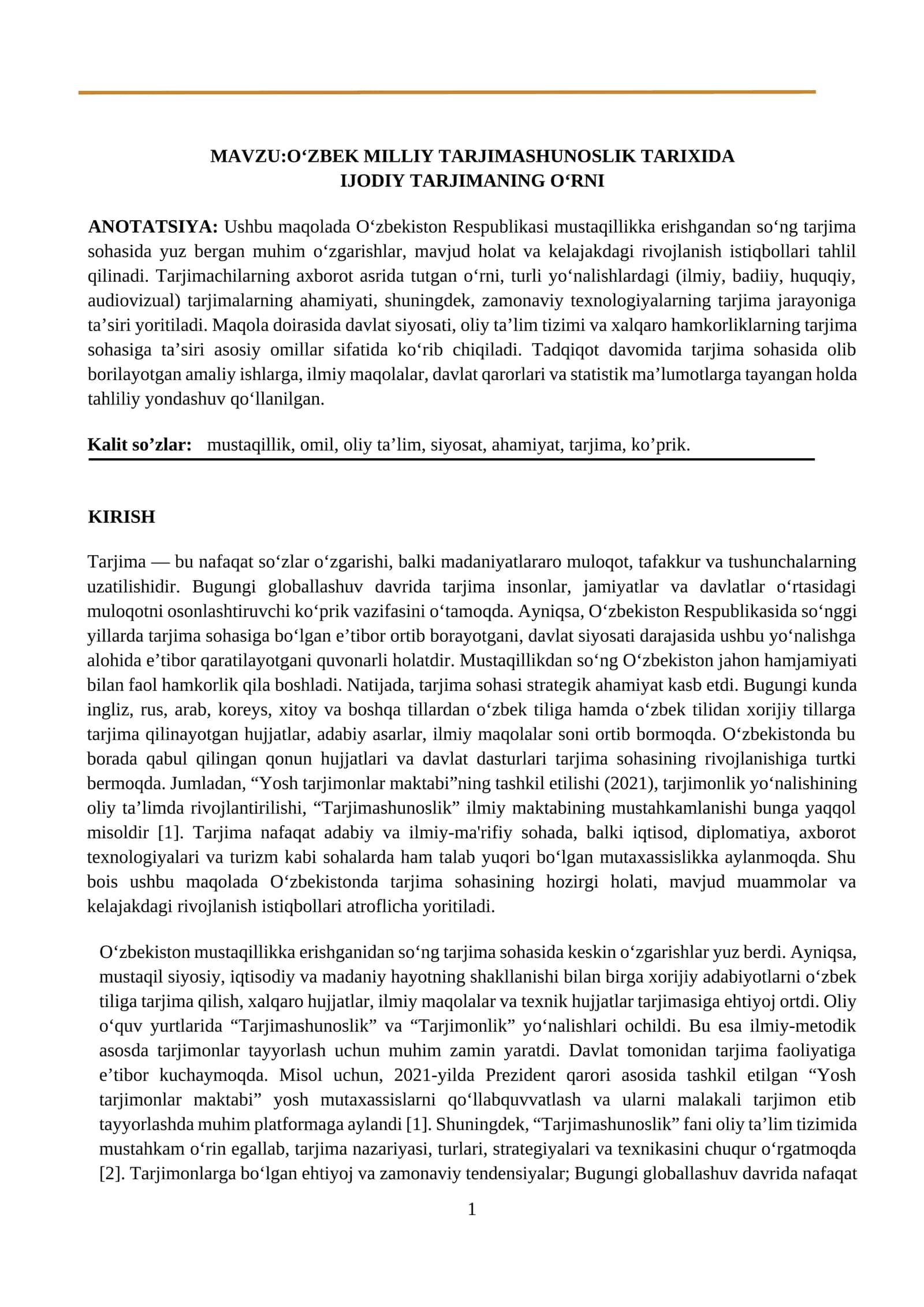 O‘zbek Milliy Tarjimashunoslik Tarixida Ijodiy Tarjimaning O‘rni