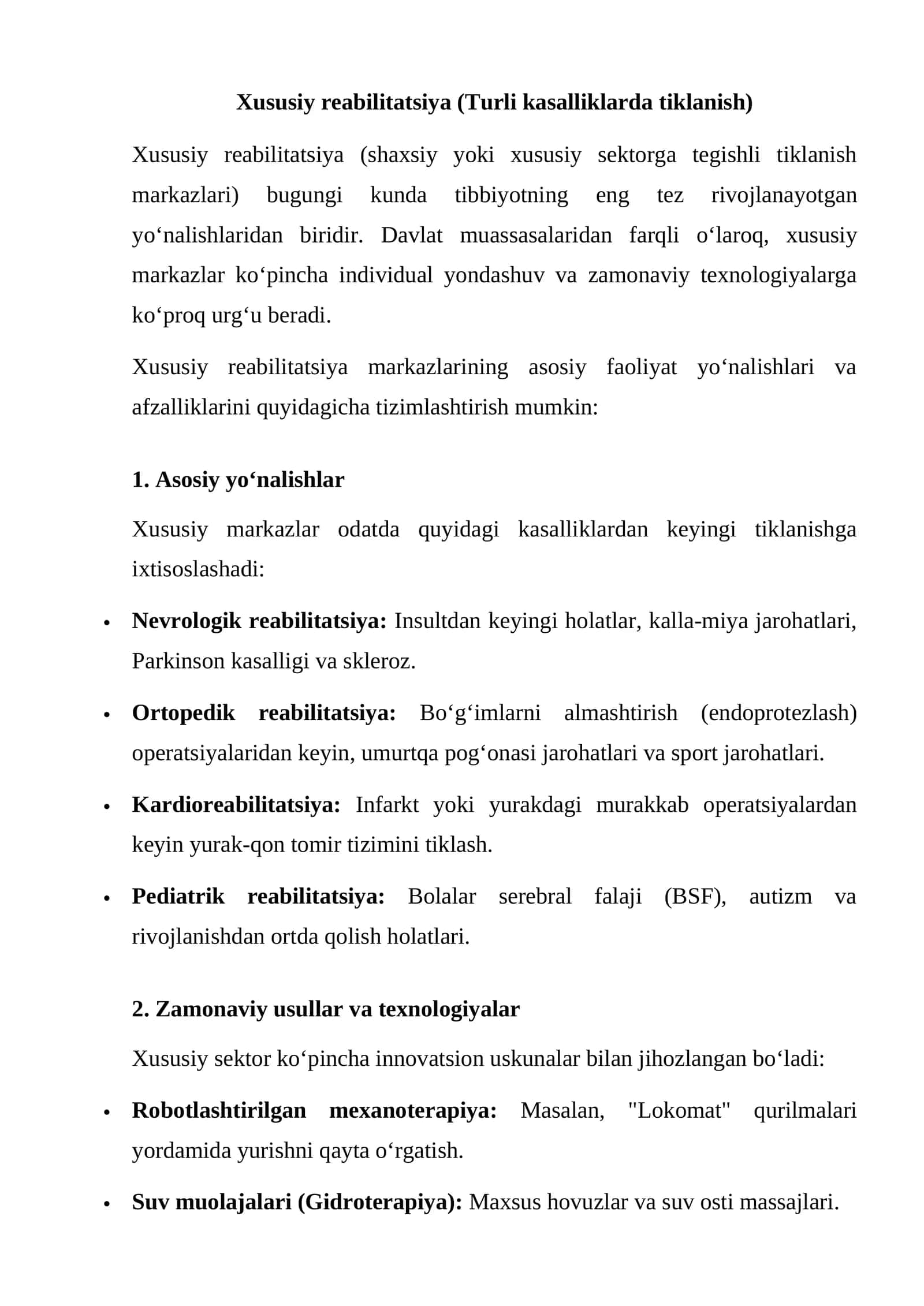Xususiy reabilitatsiya (Turli kasalliklarda tiklanish)