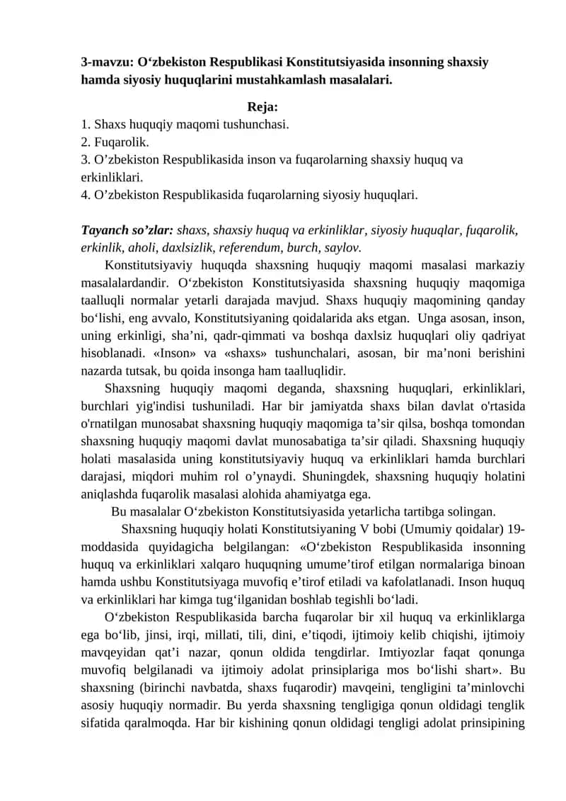 O‘zbekiston Respublikasi Konstitutsiyasida Insonning Shaxsiy va Siyosiy Huquqlari