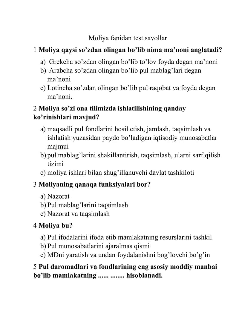 Moliya fanidan test savollar