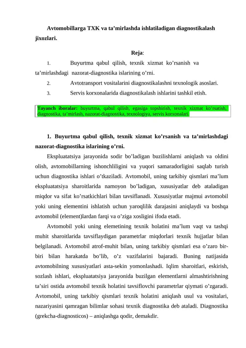 Avtomobillarga TXK va ta’mirlashda ishlatiladigan diagnostikalash jixozlari