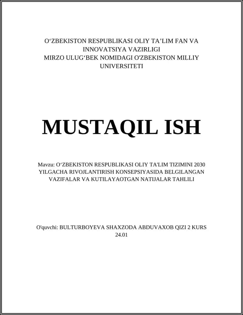 Oliy Ta'lim Tizimini 2030 Yilgacha Rivojlantirish Konsepsiyasi