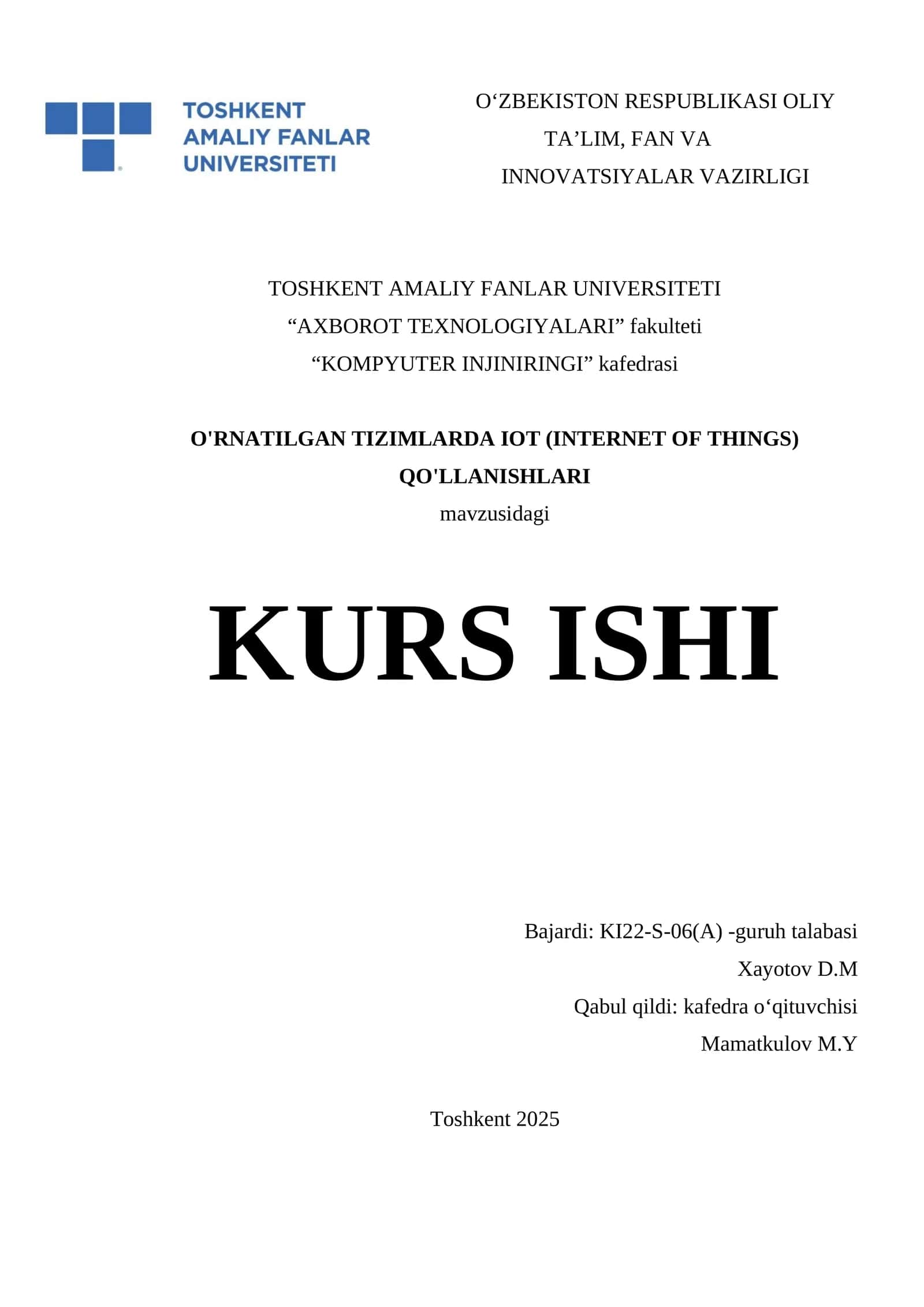 O'RNATILGAN TIZIMLARDA IOT (INTERNET OF THINGS) QO'LLANISHLARI