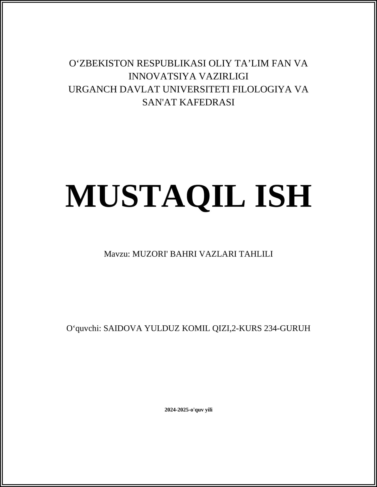 MUZORI' BAHRI VAZLARI TAHLILI