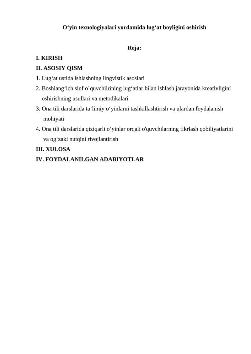 O'yin texnologiyalari yordamida lug'at boyligini oshirish
