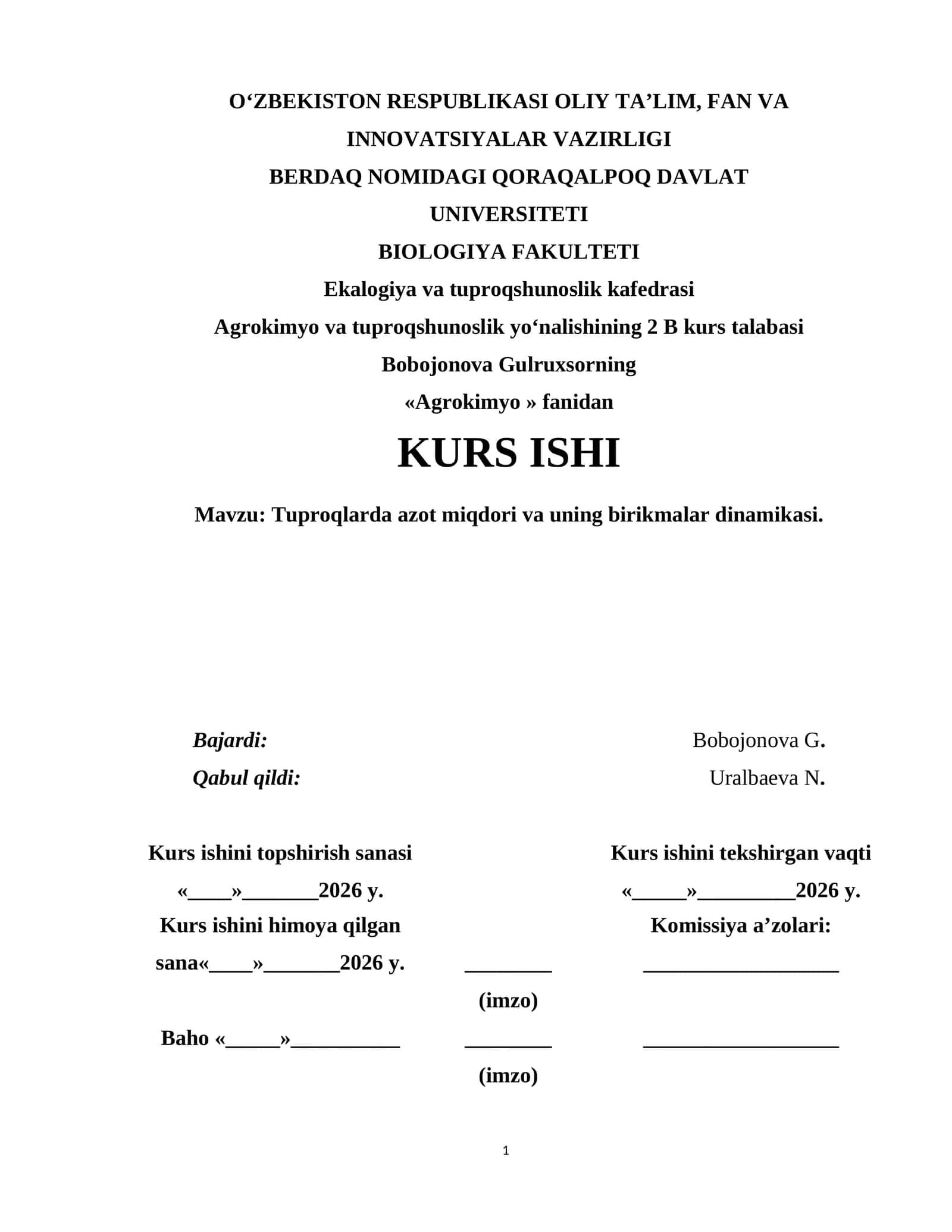 Tuproqlarda azot miqdori va uning birikmalar dinamikasi