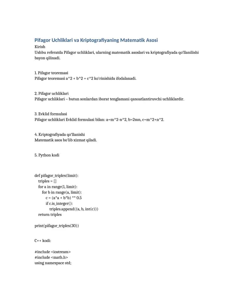 Pifagor Uchliklari va Kriptografiyaning Matematik Asosi