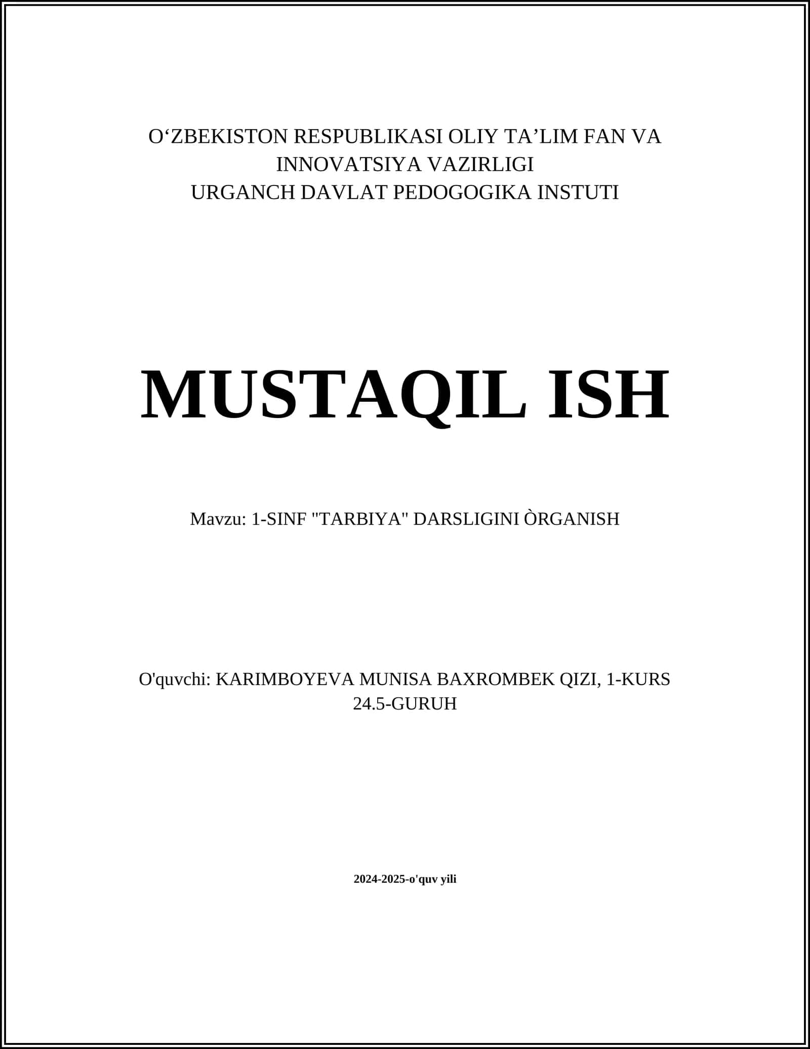 1-SINF "TARBIYA" DARSLIGINI ORGANISH