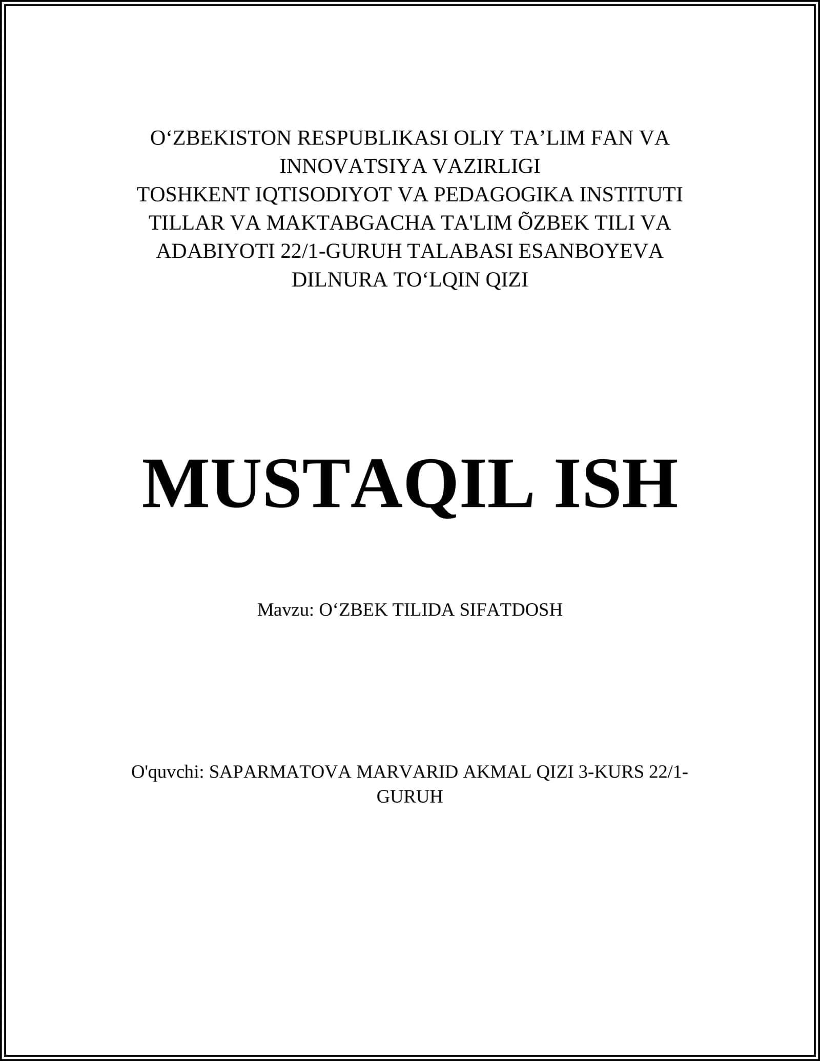 OʻZBEK TILIDA SIFATDOSH