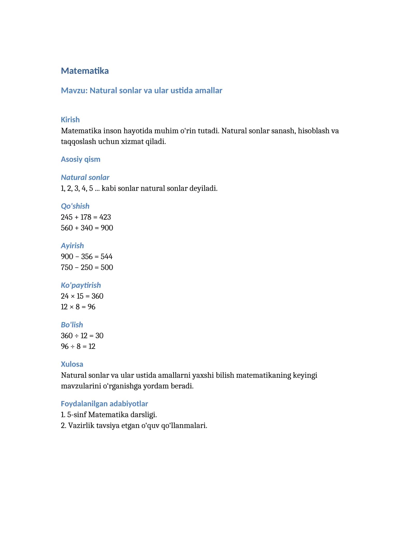 5-sinf matematika referati – Natural sonlar va ular ustida amallar