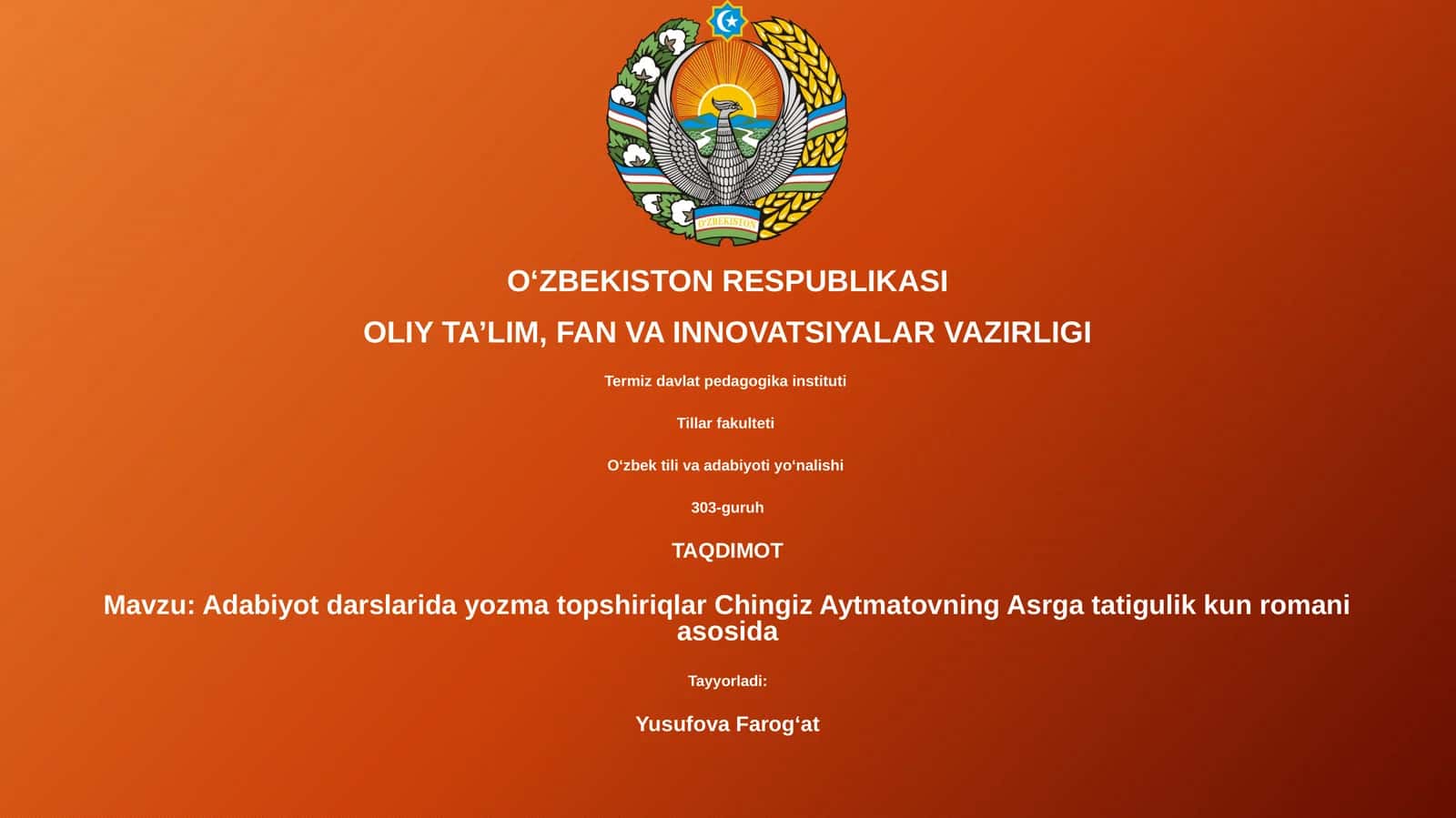 Adabiyot darslarida yozma topshiriqlar Chingiz Aytmatovning Asrga tatigulik kun romani asosida