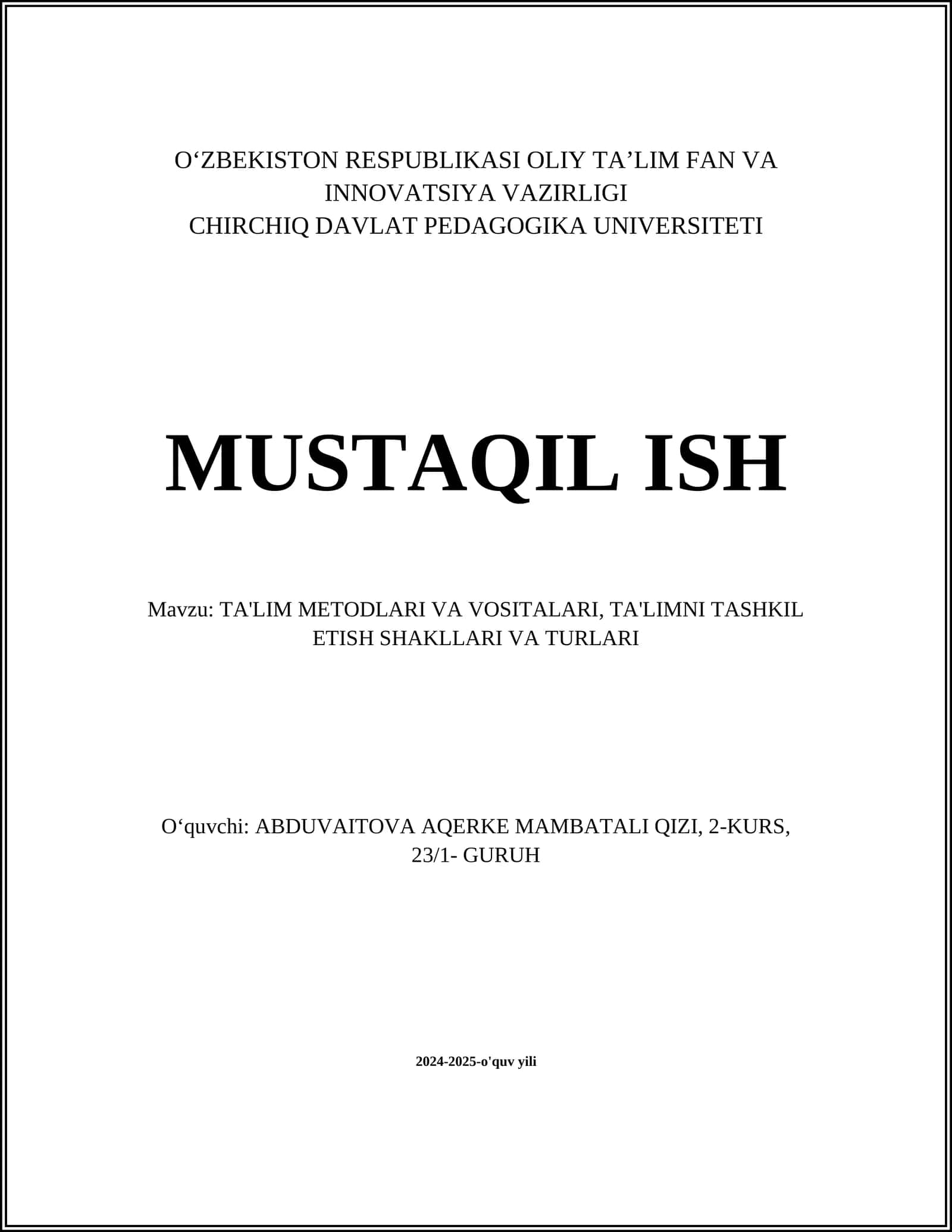 TA'LIM METODLARI VA VOSITALARI