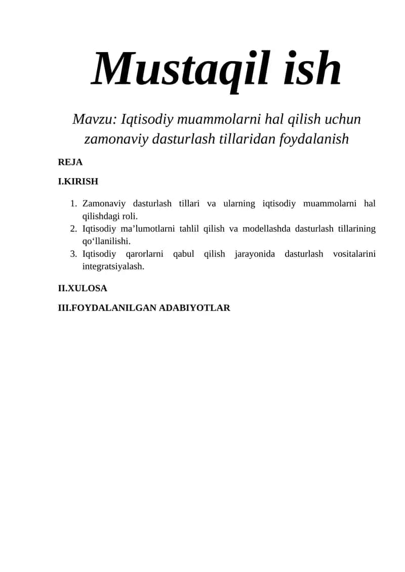 Iqtisodiy muammolarni hal qilish uchun zamonaviy dasturlash tillaridan foydalanish