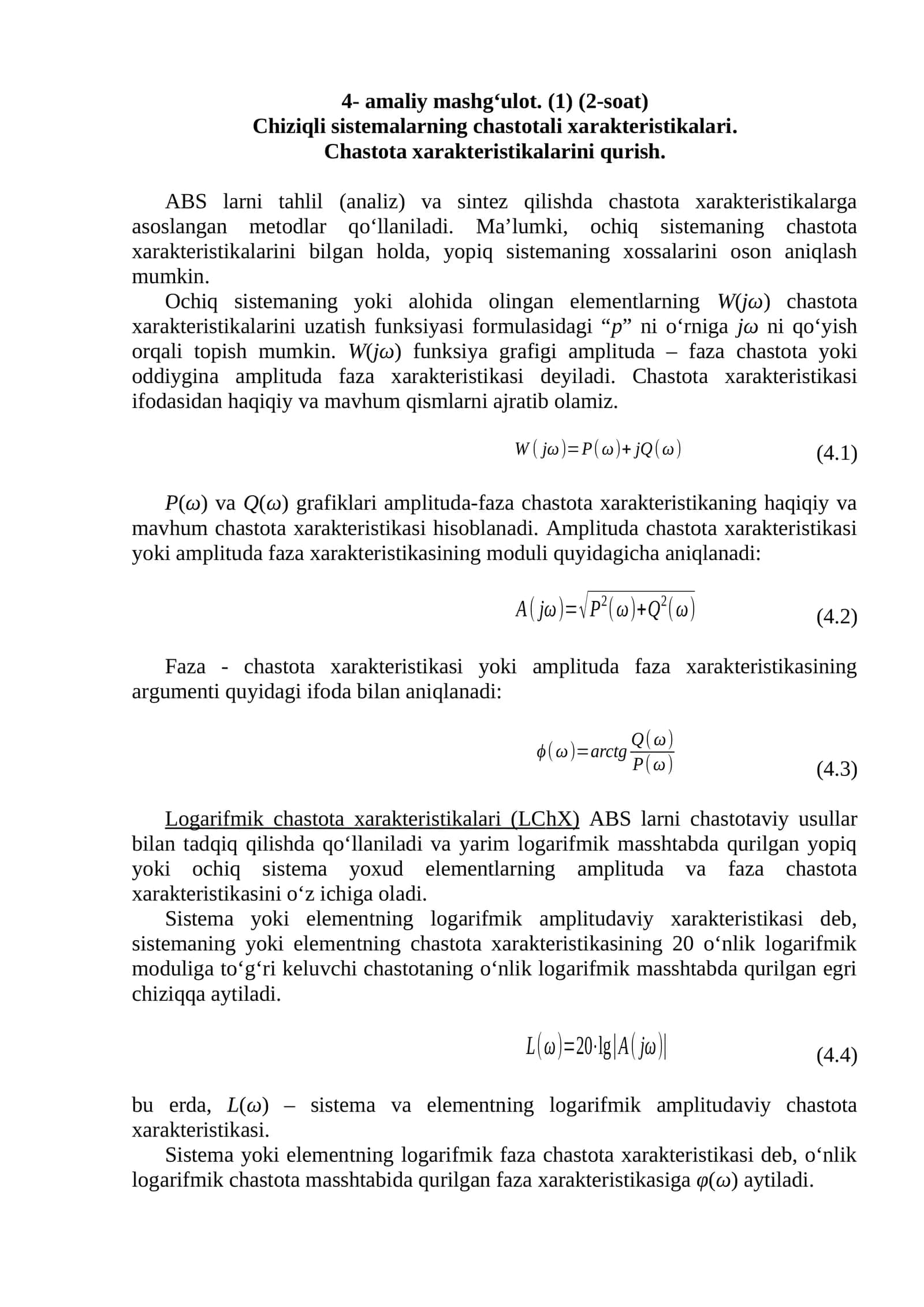 Chastota xarakteristikalarini qurish
