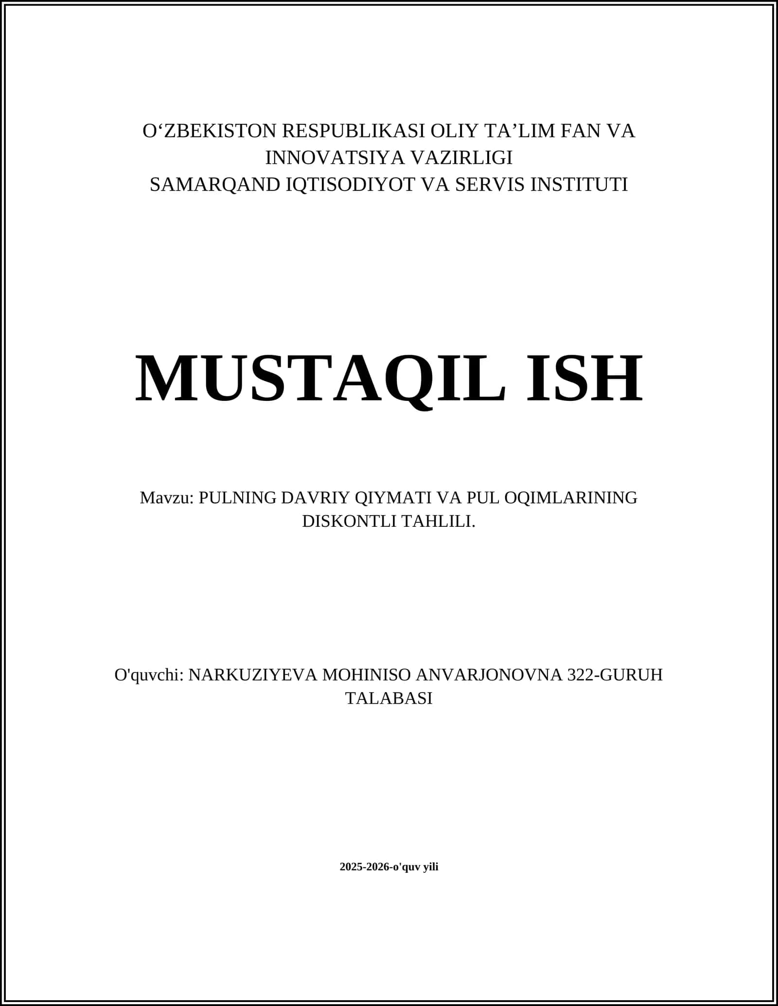 PULNING DAVRIY QIYMATI VA PUL OQIMLARINING DISKONTLI TAHLILI