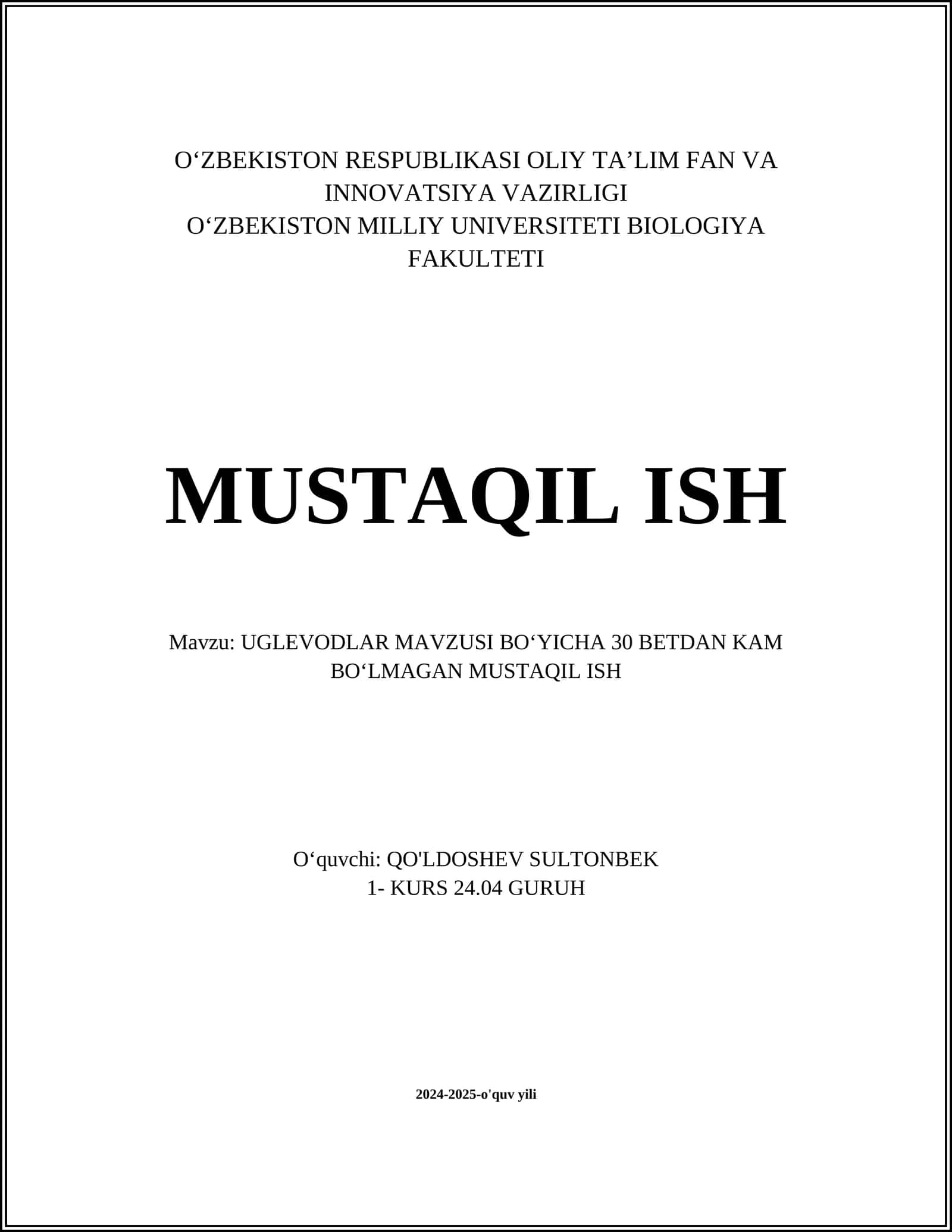 Uglevodlar mavzusi bo'yicha mustaqil ish