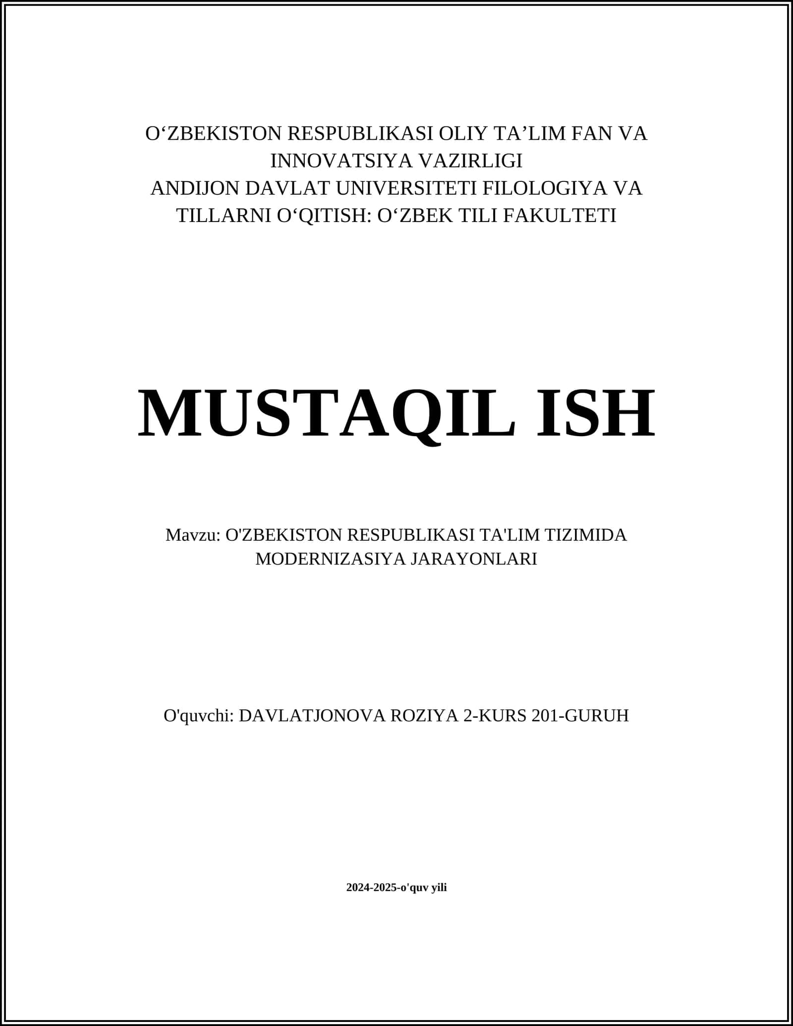O'ZBEKISTON RESPUBLIKASI TA'LIM TIZIMIDA MODERNIZASIYA JARAYONLARI