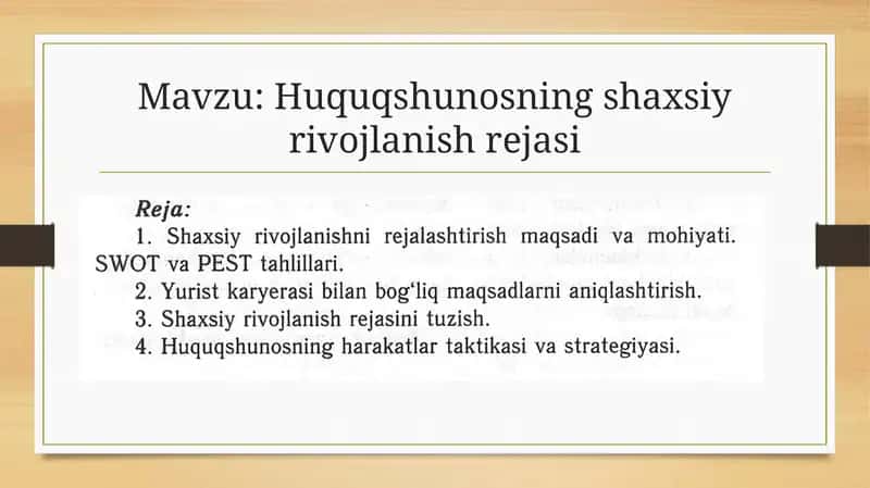 Huquqshunosning shaxsiy rivojlanish rejasi