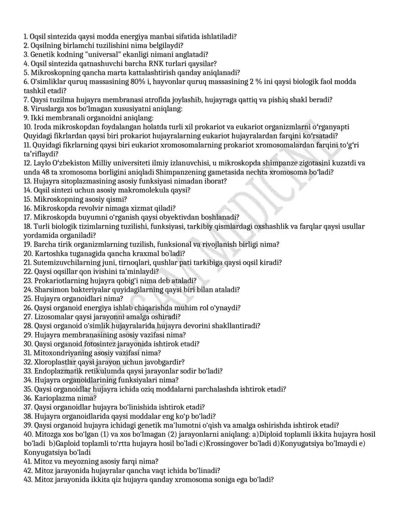 Biologiya fanidan test savollari