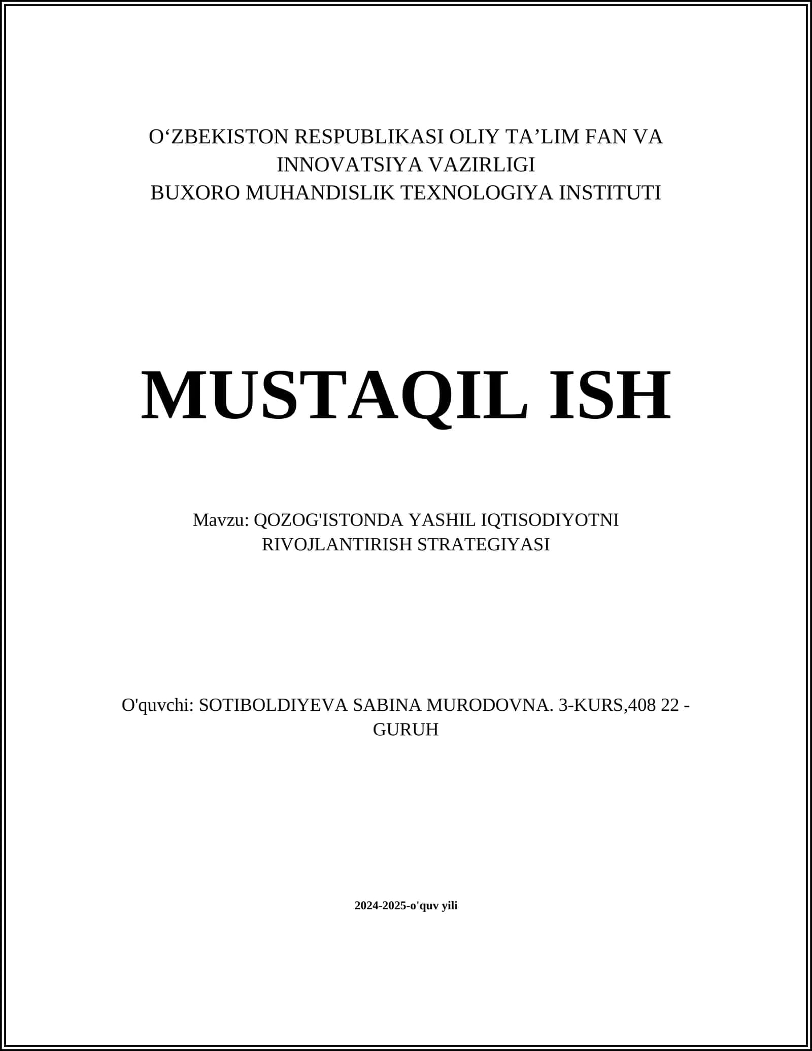 QOZOG'ISTONDA YASHIL IQTISODIYOTNI RIVOJLANTIRISH STRATEGIYASI