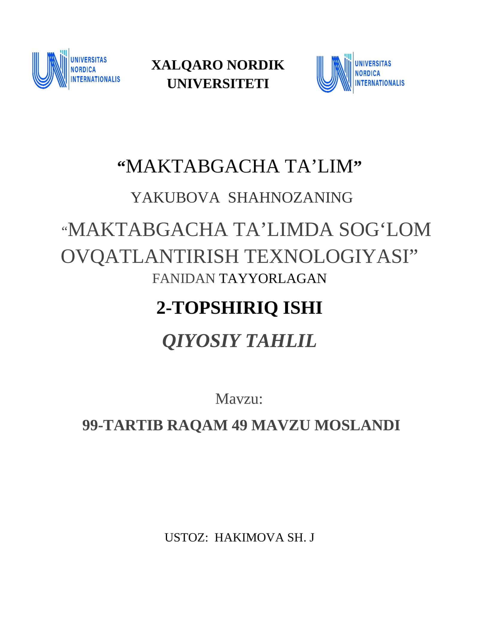 MAKTABGACHA TA’LIMDA SOG‘LOM OVQATLANTIRISH TEXNOLOGIYASI